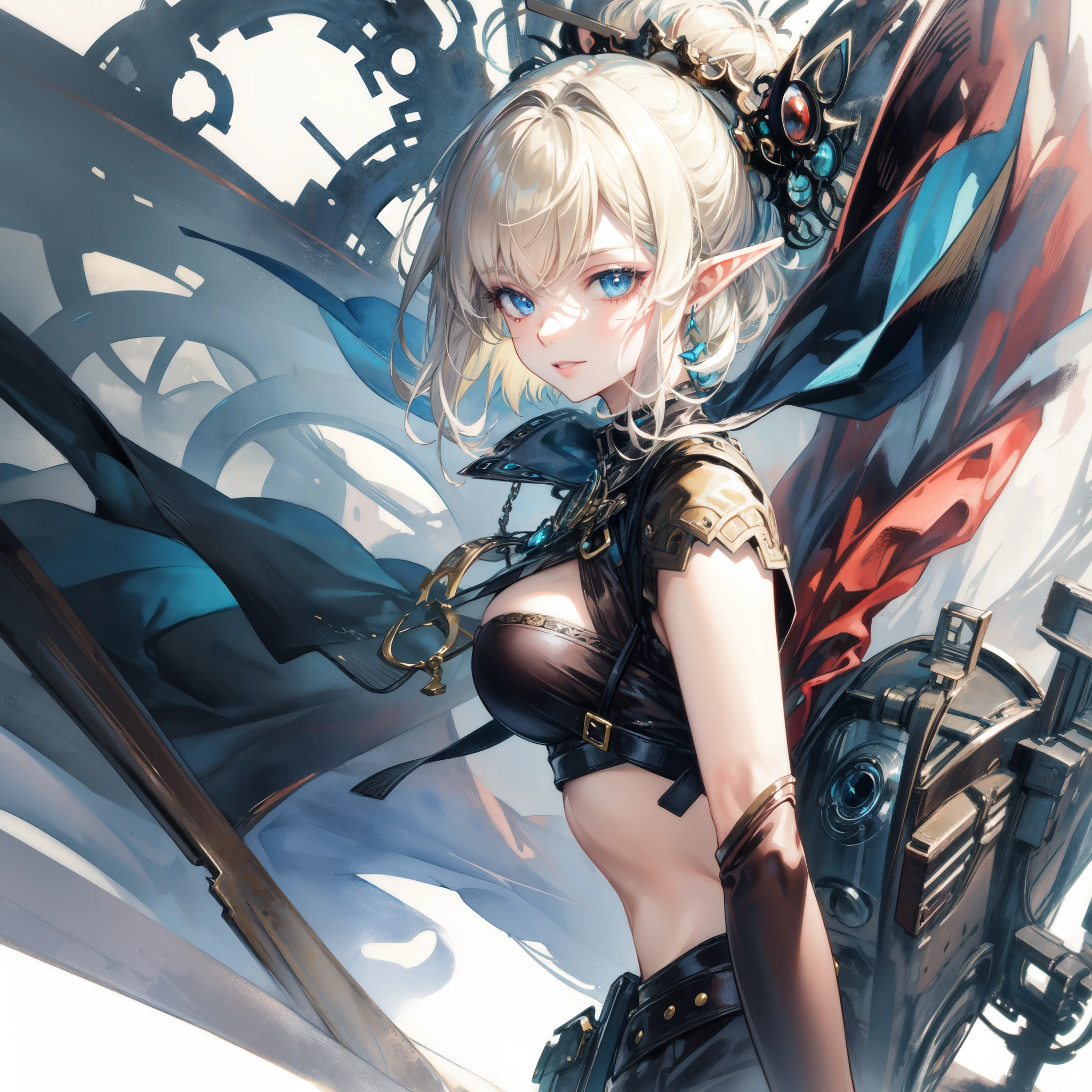 (masterpiece )), (top quality), (best quality), ((ultra-detailed, 8k quality)), volumetric lighting, cinematic lighting,
BREAK,
ultra detailed portrait of Elf girl, high quality cell shaded illustration in steampunk style by Yoji Shinkawa, steampunk_costume, full body, dynamic pose, perfect anatomy, centered, freedom, soul, approach to perfection, cell shading, cinematic dramatic atmosphere, watercolor painting, global illumination, detailed and intricate environment, artstation, concept art, fluid and sharp focus, Art by ((Mikimoto Haruhiko)), muted colors, watercolor style, steampunk city,
BREAK,
highly detailed of (elf), (1girl), perfect face, details eye, Bob cut hair, Blunt bangs, (hair between eye), blonde white hair, blue eyes, eyelashes, eyeshadow, pink eyeshadow, smile, design by Mikimoto Haruhiko,
BREAK,
((perfect anatomy)), nice body, medium breast, (extremely detailed finger), best hands, perfect face, beautiful face, beautiful eyes, perfect eyes, perfect fingers, correct anatomy,
