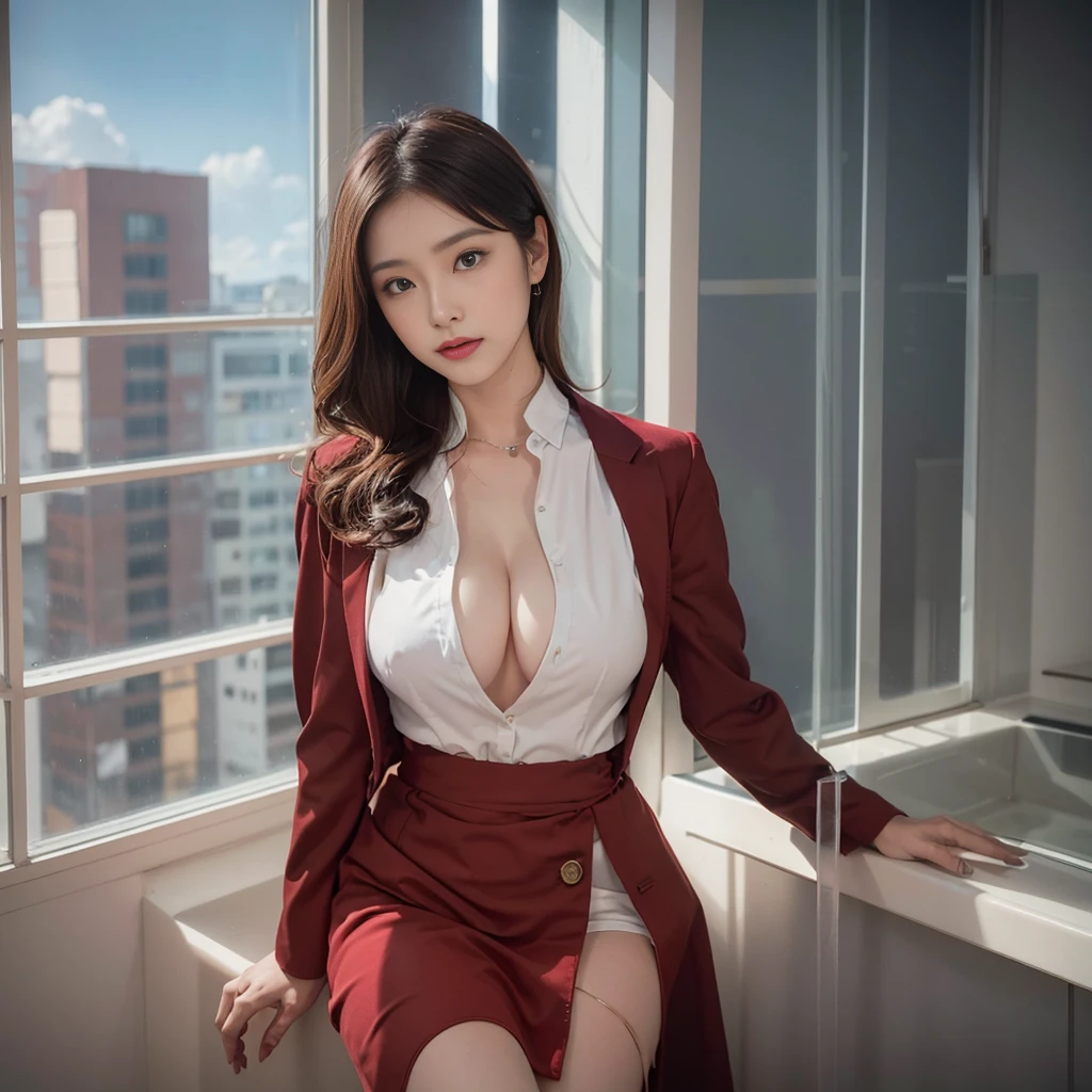 perfect photo、handsome face、japanese woman、(Breasts that are about to explode:1.5)、 (show cleavage:1.5)、fluffy body、Portrait of beautiful woman、red underwear、glamorous body、beautiful bare skin