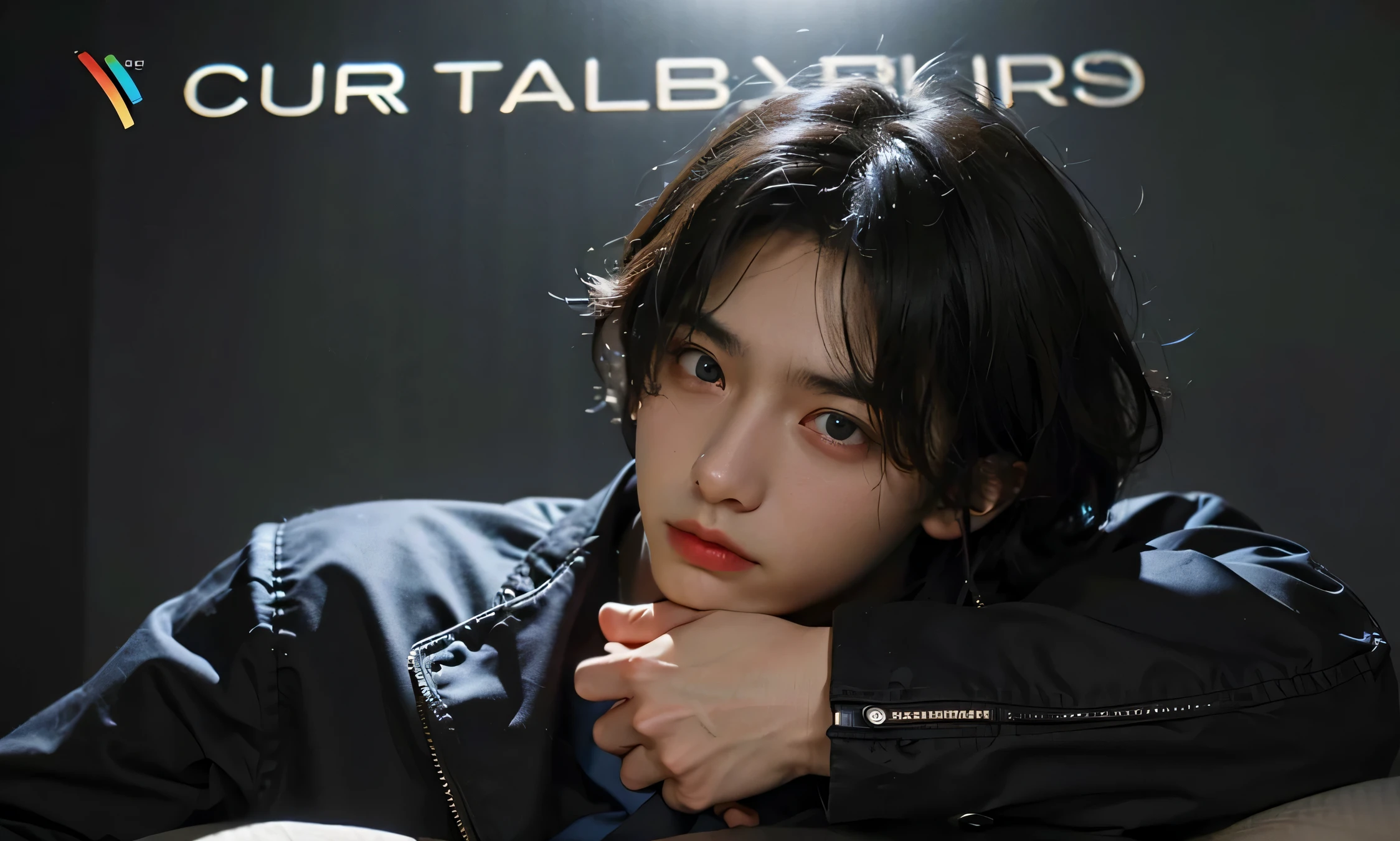 a 16 year old boy, ((man)), ((suit)), angry, unhappy, arrogant, Metal headphones, deep blues, dark red necktie, big eyes, fluffy hair, (8k, best quality, masterpiece: 1.2), (man short hair, natural curly hair), (real, photo real, photo real: 1.37), super detailed, Straight nose bridge, blue shirt, black hair, (Handsome expression), (Handsome boy), Ray tracing, indoor lighting, solid color background, Ultra HD, textured skin, high quality, high resolution, Award-winning, 1080P, 4K, HD, iron sheet, rust, Central focus, Bed background,Muscle diagram,no clothes
