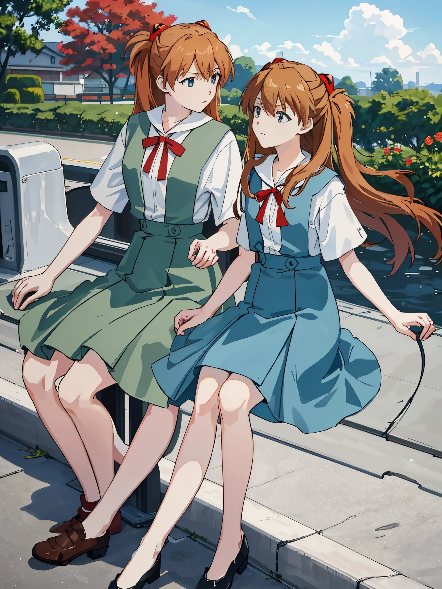 (masterpiece, highest quality), Asuka, 1 girl, hair blowing in the wind, tsundere expression, wallpaper, park background, wink, white dress, sitting on a park bench, close, characters in the middle, warm tones, minimalist, --v6