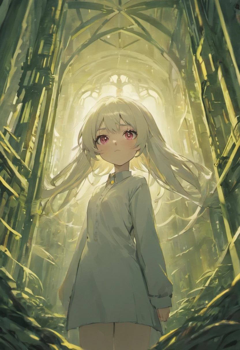 Young female skinny hipster with white hair and pointy ears, blood red eyes, Smooth jawline, Wearing a white shirt (Pale skin tone) hair is long, I grew up a little, ominous expression, Forest Cabin Background ,The hair goes down to the thighs., Composition looking up from below, Stand straight while looking ahead, He doesn't wear anything other than a dress shirt and has long hair.. hair is well organized.