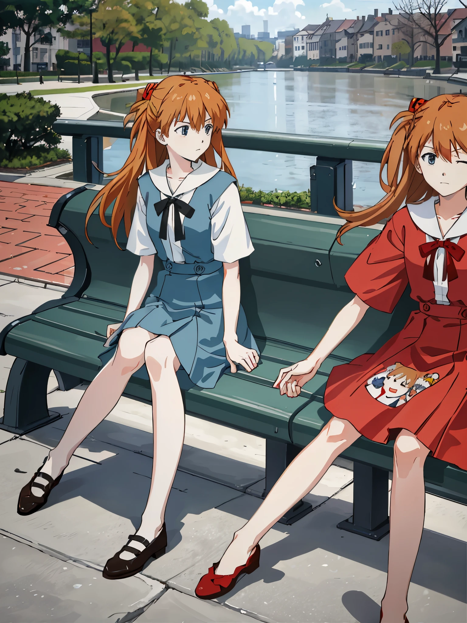 (masterpiece, highest quality), Asuka, 1 girl, hair blowing in the wind, tsundere expression, wallpaper, park background, wink, white dress, sitting on a park bench, close, characters in the middle, warm tones, minimalist, --v6