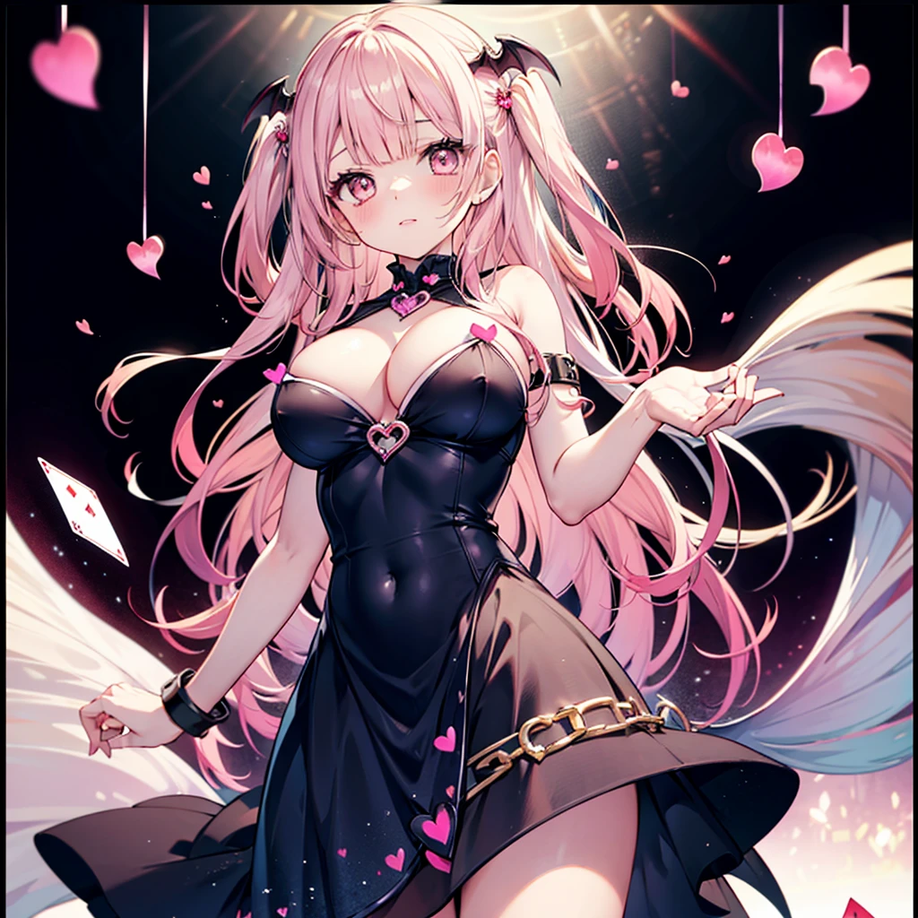 Succubus Pose with your hands on your chest I'm handcuffed I have handcuffs on my legs too.......... A dress filled with hearts Pink heart symbol seductive body attractive appearance heart background dark background Eroi body kiss face cute face age girl angle from below big and full breasts Card Illustration