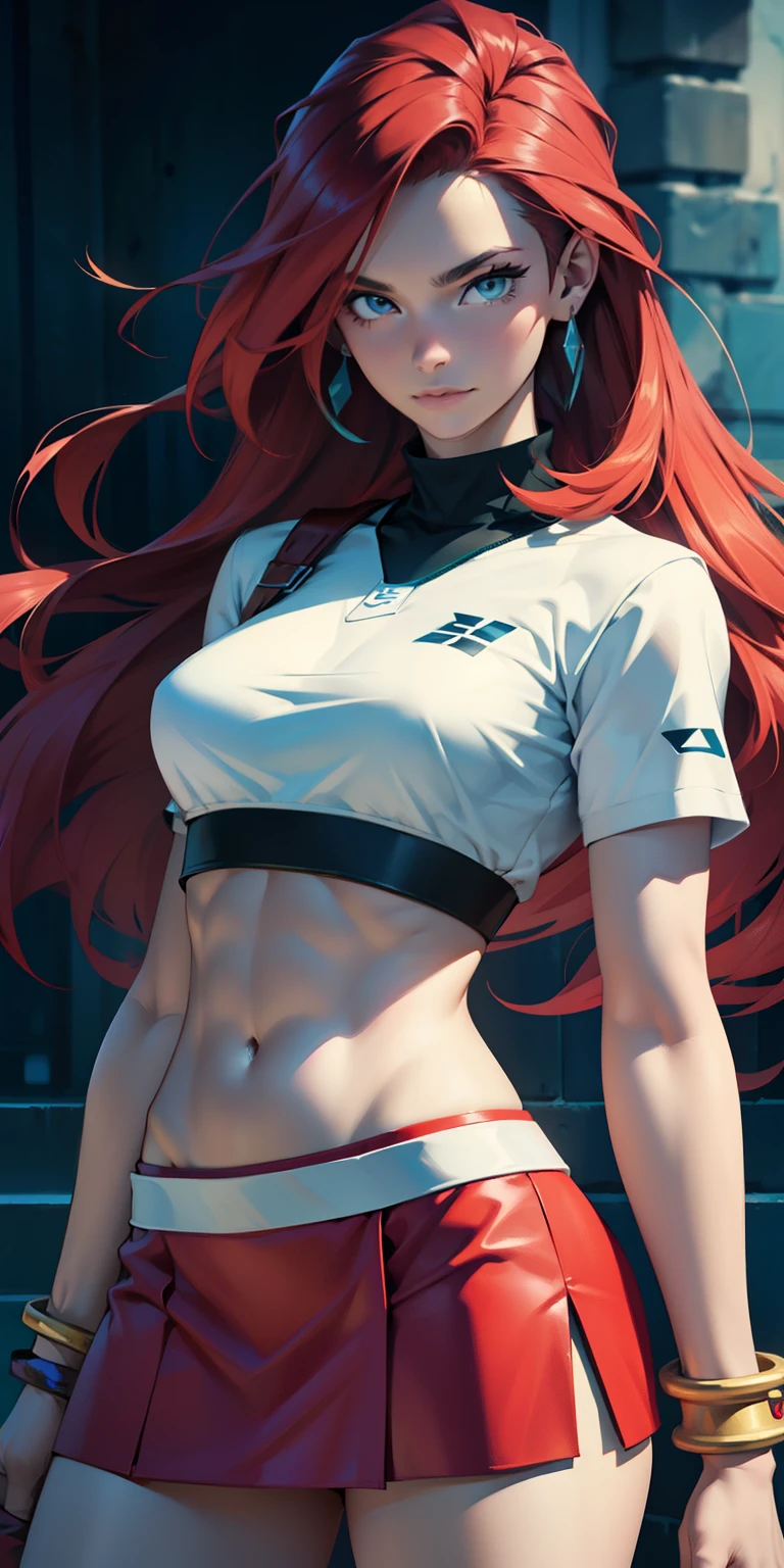 Photo, Best quality, high resolution 8k,most beautiful ager,17 yite skin, ultra detailed, European, long hair, very red hair, hair combed back, perfect body, toned, exuberant exotic, erotic, , big breasts, arrow waist, slim thighs, very well detailed, mini skirt,crop top,/beautiful Jessie \(pokemon\)/