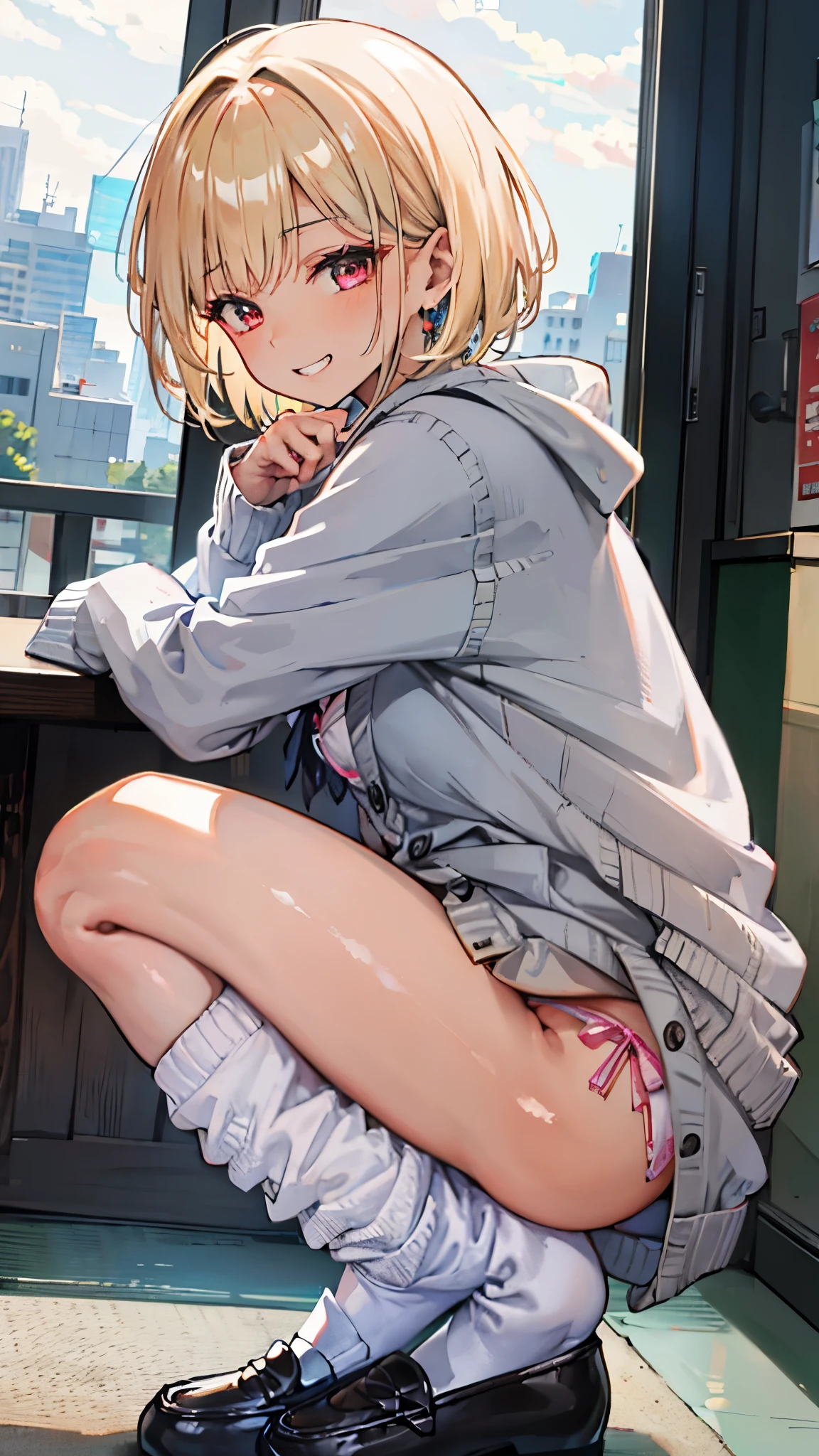 (8K、Highest image quality、highest quality、masterpiece)、detailed face、1 girl、blonde、very short hair、red eyes、earrings、evil smile、tooth、grin、((brown skin:1.2))、small breasts、white shirt、ribbon tie、((gray cardigan))、black micro mini skirt、pink panties、white socks、loafers、squatting、Closed legs、((Taken from the side))、city background