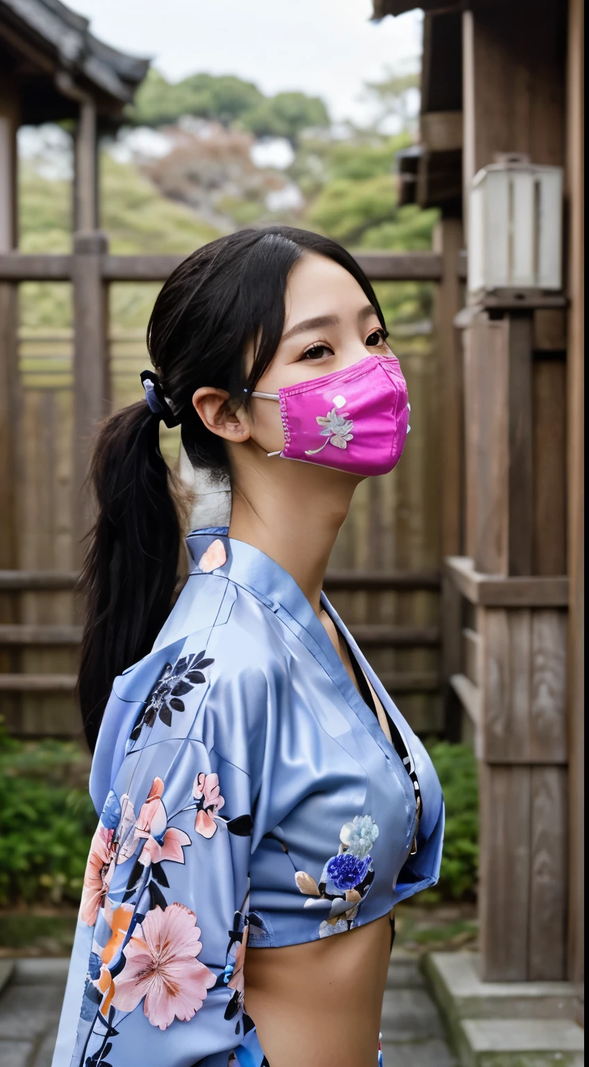 NSFW、最high quality、high quality、best image quality、8K、最High resolution、High resolution、最high quality、masterpiece、RAW photo、full body photo、realistic atmosphere、(detailed face)、(fine hands、thumb1reference4)、(beauty of japan )、very nice face、cute face、((beautiful japanese girl))、(japanese woman), ((18 year old beautiful girl))、(glossy black hair)、(straight long hair)、(ponytail)、slim style、(shiny skin)、(Fair skin, Glossy skin)、real human skin、realistic human body structure、perfect body, perfect face, perfect hands, perfect fingers, perfect lips, perfect eyes,perfect teeth、perfect background, perfect atmosphere,professional lighting、The only national costume、japanese traditional、(kunoichi kimono)、In front of samurai residence、((Dark color see-through(floral crop top kimono、string fundoshi、mouth mask))、((Random poses with movement))、((angle from random angle))
