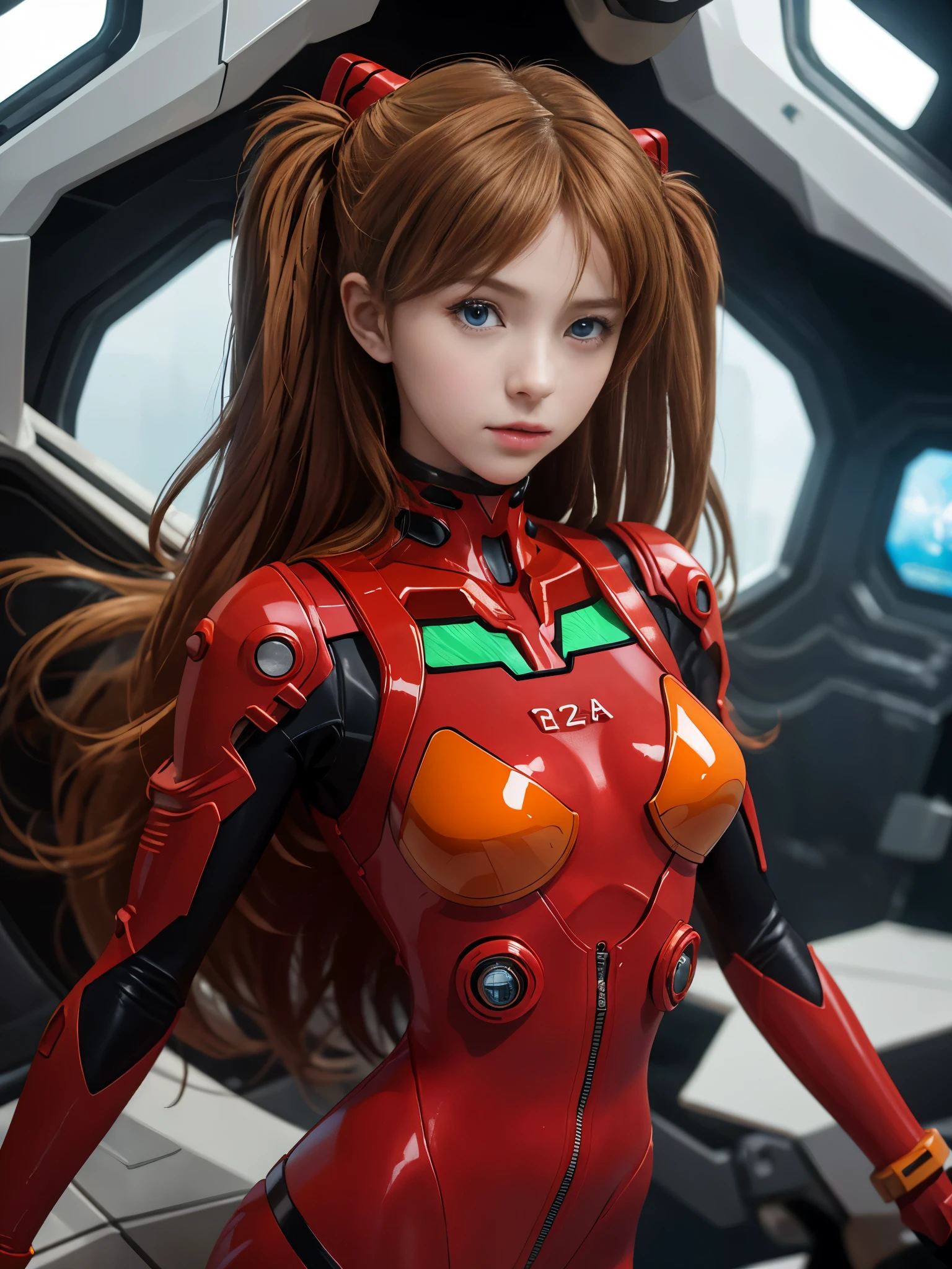 （俯瞰figure），dynamic angle，dynamic pose，super detailed，figure，close-up of，straight，1 girl huge big tits，Soul Asuka Langley，
 （（Soryu Asuka Langley，interface headset，red bodysuit：1.5，blonde）），彼女の目はdream-like星のように輝いていた，（glow eye：1.233），（beautiful and delicate eyes：1.1），（Expressionlessly，please keep your mouth shut），（stand），
（Mechanical room with tools and spaceship windows in a white spaceship），
（night：1.2），dream-like， [[thin fingers and hands：0.55]：：0.85]，（finger details），