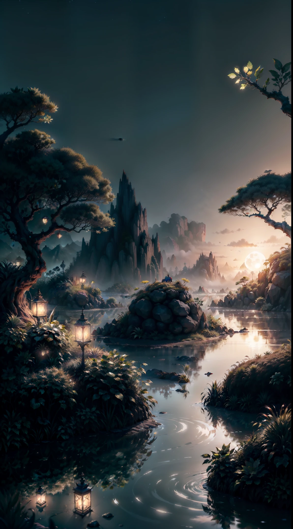 Crie uma coruja ninja vibrante e fofa de fantasia escura em um estilo de desenho animado minimalista de linhas limpas, ao fundo, a lagoon with vegetation around on a fabulous night, octan render, 8k