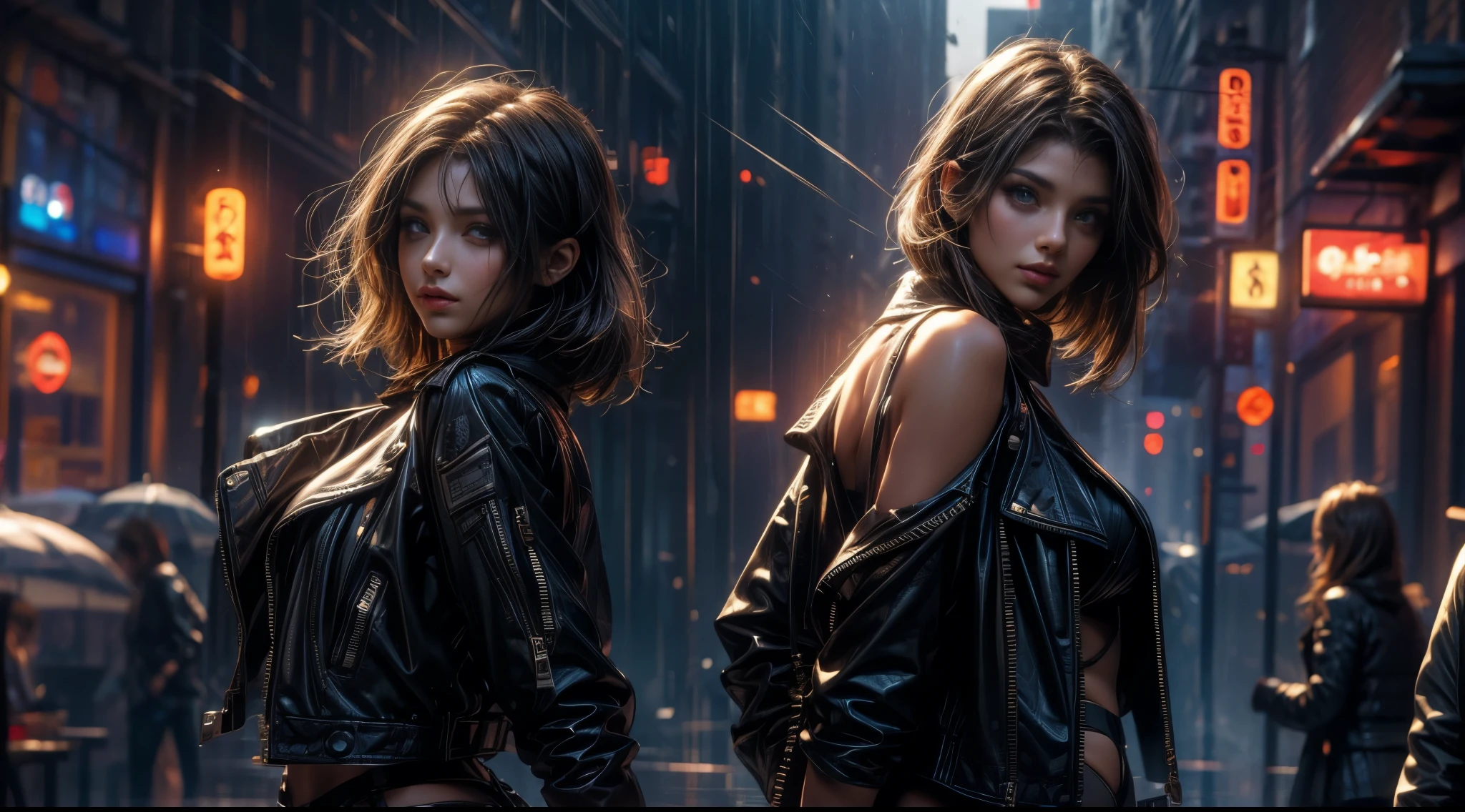 original photo, (best quality:1.3), high resolution, (masterpiece), (lifelike:1.4), Professional photography, sharp focus, high dynamic range, 8K resolution, intricate details, Exquisite details, depth of field, Extremely detailed CG unified 8k wallpaper, masterpiece，poster，best quality，official art，（Beauty and aesthetics：1.2），（masterpiece：1.3），The cities of the future，figure，Bar Street，a girl，Leather jacket，Off the shoulders，No underwear，looking at camera，（Close up：1.8），volumetric fog，rain，night，dramatic
