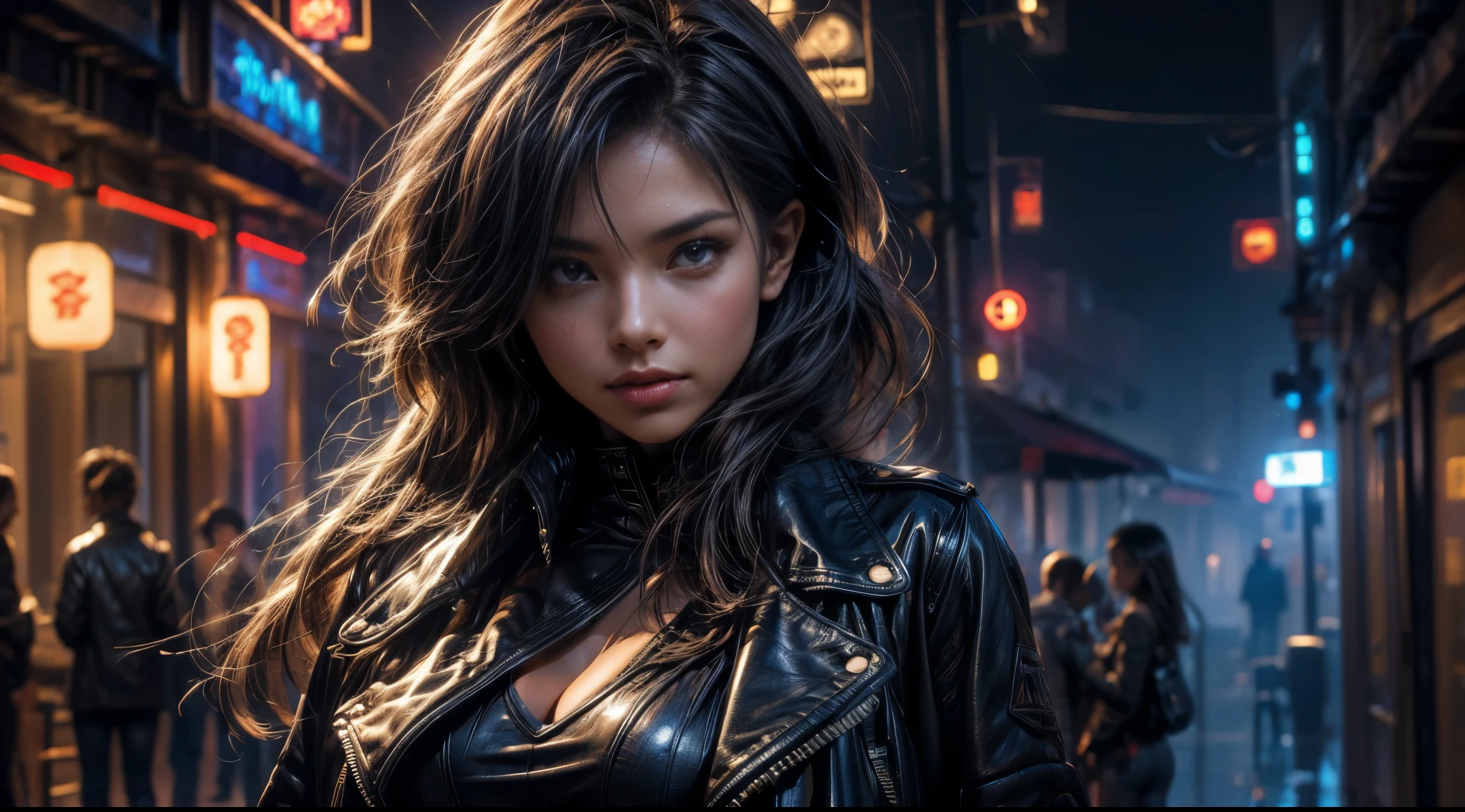 original photo, (best quality:1.3), high resolution, (masterpiece), (lifelike:1.4), Professional photography, sharp focus, high dynamic range, 8K resolution, intricate details, Exquisite details, depth of field, Extremely detailed CG unified 8k wallpaper, masterpiece,poster,best quality,official art,(Beauty and aesthetics:1.2),(masterpiece:1.3),The cities of the future,figure,Bar Street,a girl,Leather jacket,Off the shoulders,No underwear,looking at camera,(Close up:1.8),volumetric fog,rain,night,dramatic