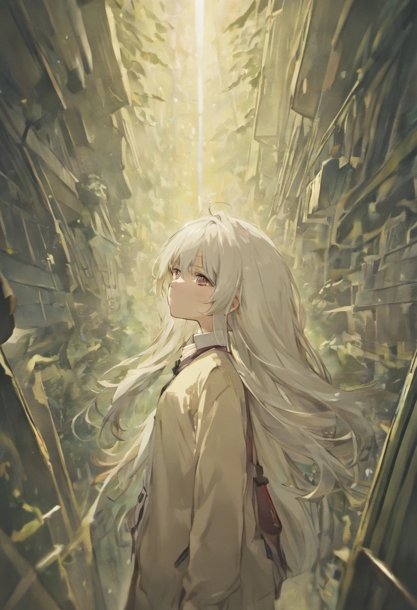 Young female skinny hipster with white hair and pointy ears, blood red eyes, Smooth jawline, Wearing a white shirt (Pale skin tone) hair is long, I grew up a little, ominous expression, Forest Cabin Background ,The hair goes down to the thighs., Composition looking up from below, Stand straight while looking ahead, He doesn't wear anything other than a dress shirt and has long hair.. hair is well organized. hair is straight.