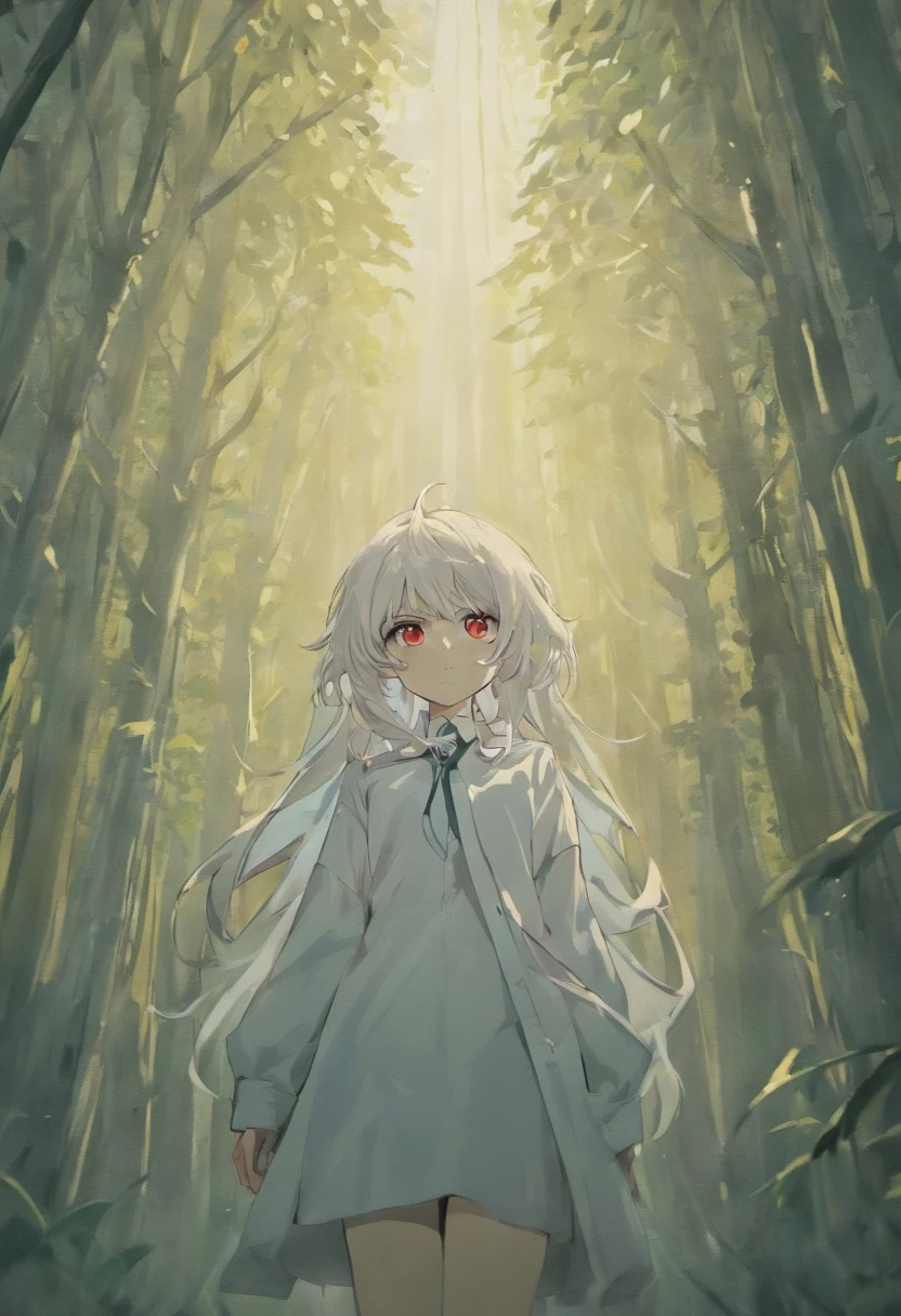Young female skinny hipster with white hair and pointy ears, blood red eyes, Smooth jawline, Wearing a white shirt (Pale skin tone) hair is long, I grew up a little, ominous expression, Forest Cabin Background ,The hair goes down to the thighs., Composition looking up from below, Stand straight while looking ahead, He doesn't wear anything other than a dress shirt and has long hair.. hair is well organized. hair is straight.