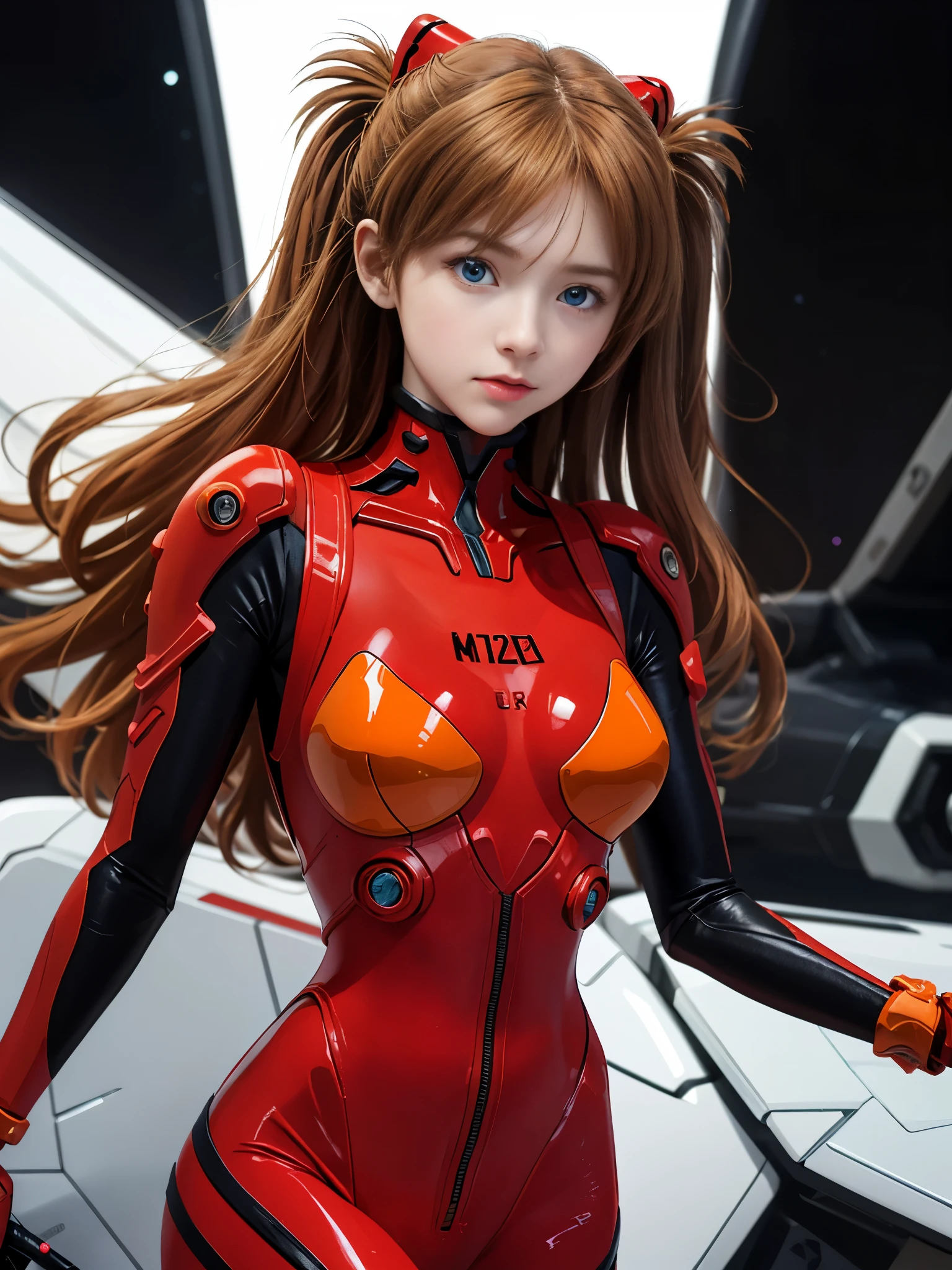 （俯瞰figure），dynamic angle，dynamic pose，super detailed，figure，close-up of，straight，1 girl huge big tits，Soul Asuka Langley，
 （（Soryu Asuka Langley，interface headset，red bodysuit：1.5，blonde）），彼女の目はdream-like星のように輝いていた，（glow eye：1.233），（beautiful and delicate eyes：1.1），（Expressionlessly，please keep your mouth shut），（stand），
（Mechanical room with tools and spaceship windows in a white spaceship），
（night：1.2），dream-like， [[thin fingers and hands：0.55]：：0.85]，（finger details），