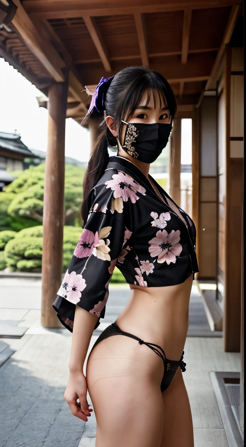 NSFW、最high quality、high quality、best image quality、8K、最High resolution、High resolution、最high quality、masterpiece、RAW photo、full body photo、realistic atmosphere、(detailed face)、(fine hands、thumb1reference4)、(beauty of japan )、very nice face、cute face、((beautiful japanese girl))、(japanese woman), ((18 year old beautiful girl))、(glossy black hair)、(straight long hair)、(ponytail)、slim style、(shiny skin)、(Fair skin, Glossy skin)、real human skin、realistic human body structure、perfect body, perfect face, perfect hands, perfect fingers, perfect lips, perfect eyes,perfect teeth、perfect background, perfect atmosphere,professional lighting、The only national costume、japanese traditional、(kunoichi kimono)、In front of samurai residence、((dark colored mesh(floral crop top kimono、string fundoshi、mouth mask))、((Random poses with movement))、((angle from random angle))