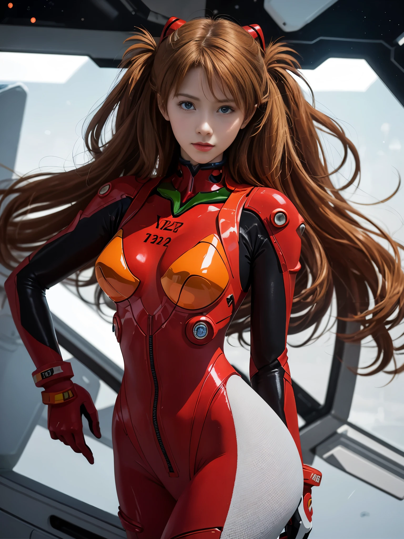 （俯瞰figure），dynamic angle，dynamic pose，super detailed，figure，close-up of，straight，1 girl huge big tits，Soul Asuka Langley，
 （（Soryu Asuka Langley，interface headset，red bodysuit：1.5，blonde）），彼女の目はdream-like星のように輝いていた，（glow eye：1.233），（beautiful and delicate eyes：1.1），（Expressionlessly，please keep your mouth shut），（stand），
（Mechanical room with tools and spaceship windows in a white spaceship），
（night：1.2），dream-like， [[thin fingers and hands：0.55]：：0.85]，（finger details），