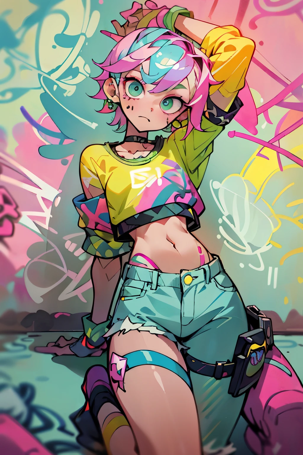 masterpiece, best quality, 1girl, solo, crop top, denim shorts, choker, (graffiti:1.5), paint splatter, arms behind back, against wall, looking at viewer, armband, thigh strap, paint on body, head tilt, bored, multicolored hair, aqua eyes, headset,non gender anime person in slim body with an outfit of yellow sweater with pink polkadot bubble design, and blue and green pants, psycho, cool pose, left crab arms, zooble, cool sit pose, pink short messy hair, abstract triangular shapes, clown vibe
