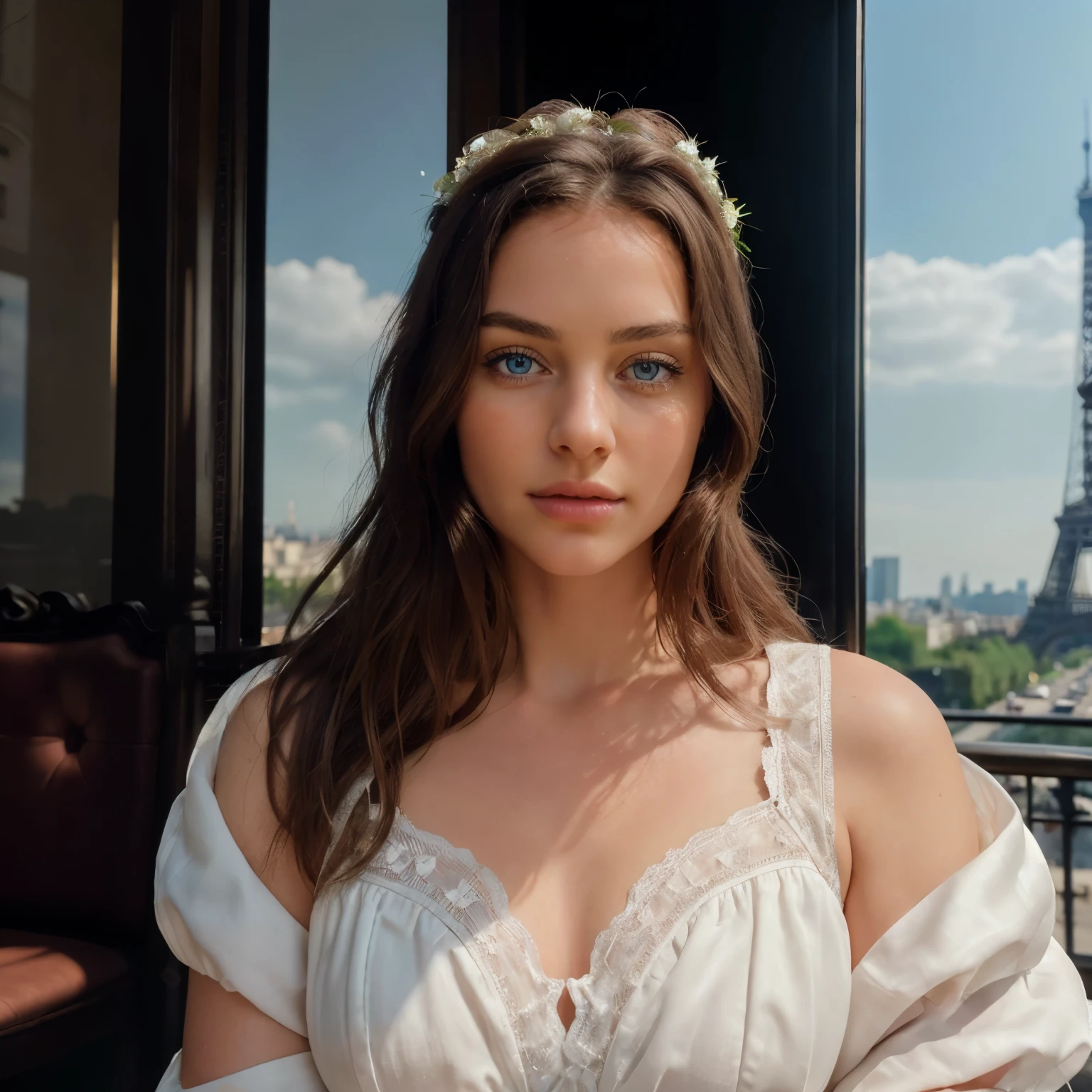 RAW, analog, Nikon Z 85mm, award winning glamour photograph,((best quality)), ((masterpiece)), ((realistic)), 18th century, vintage image, gorgeous French woman wearing, lace dress and corset, wearing a crown, 25 year old, (long brown hair), hazel eyes, small perky breasts, sitting outside at a Paris caf, eiffel tower in background, petite, ((small breasts)), innocent, flower pedals in the air, (freckles:0.6), intricate details, highly detailed, sharp focus, professional, 4k, spring flowers blooming, god rays, hand model, stunning blue eyes, petite, delicate, innocent,highres, detailed facial features, high detail, sharp focus, smooth, aesthetic, extremely detailed, photo_\(ultra\), photorealistic, realistic, post-processing, max detail, roughness, real life, ultra realistic, photorealism, photography, 8k uhd, photography, SEMI-SILHOUETTE light, russian face
