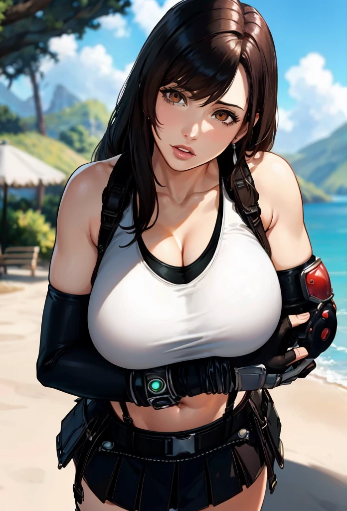 Chica anime con cabello negro y top blanco posando junto al agua., tifa, seductive retrato de tifa lockhart, tifa lockhart, retrato de tifa lockhart, tifa lockheart, retrato de tifa lockhart, glamorosa tifa lockheart, tifa lockhart con el pelo blanco, arte cg anime suave, [ arte digital 4k ]!!, mai shiranui