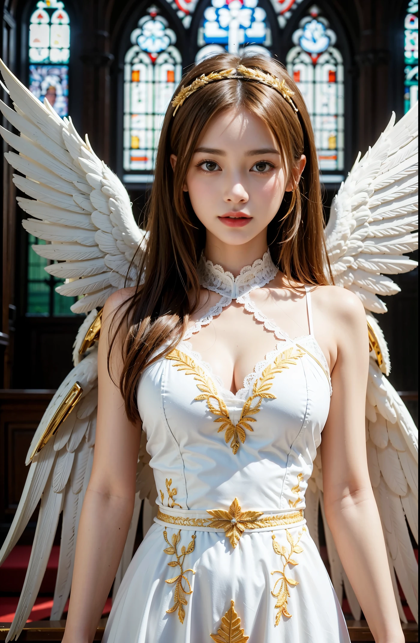 standing pose,1.5.front focus:1.5,cowboy shot:1.5,BREAK((Angel,White large wings),(See through,white lace dress,gold and red embroidery:1.4)),tight,body fit,veil,hand veil,Backlight,big breasts,cleavage:1.1,,smile:1.2,((blond hair),blond medium long hair)),drooping bangs:1.4,blue eyes,BREAK(8K,RAW photo:1.2),muste piece,(looking at viewer),perfect anatomy,detailed face and eyes,最high quality,intricate details ,masterpiece,pretty girl ,sharp focus, high quality,BREAK((inside a church,light leaking from stained glass))