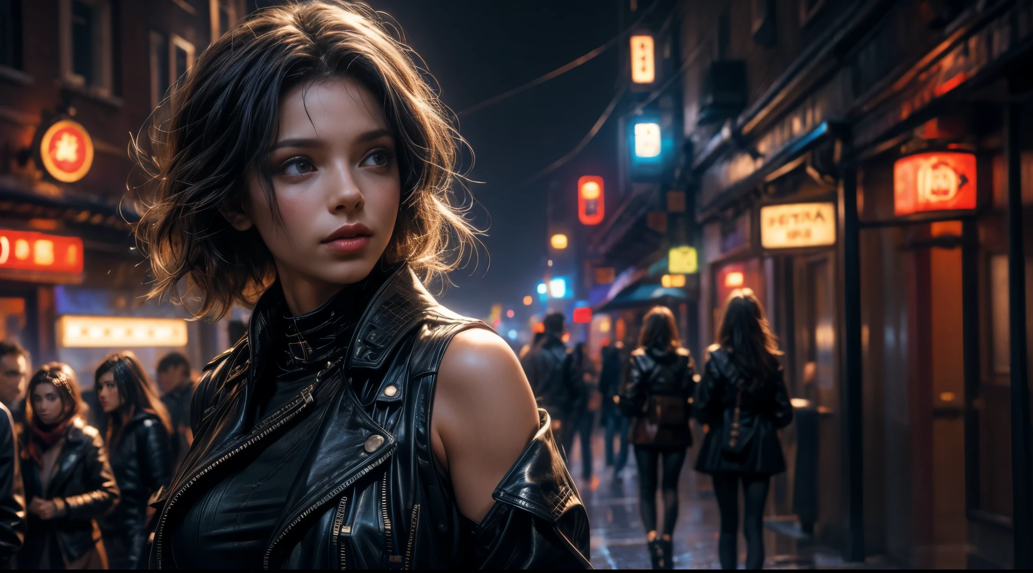 original photo, (best quality:1.3), high resolution, (masterpiece), (lifelike:1.4), Professional photography, sharp focus, high dynamic range, 8K resolution, intricate details, Exquisite details, depth of field, Extremely detailed CG unified 8k wallpaper, masterpiece，poster，best quality，official art，（Beauty and aesthetics：1.2），（masterpiece：1.3），The cities of the future，figure，Bar Street，a girl，Leather jacket，Off the shoulders，No underwear，looking at camera，（Close up：1.8），volumetric fog，rain，night，dramatic