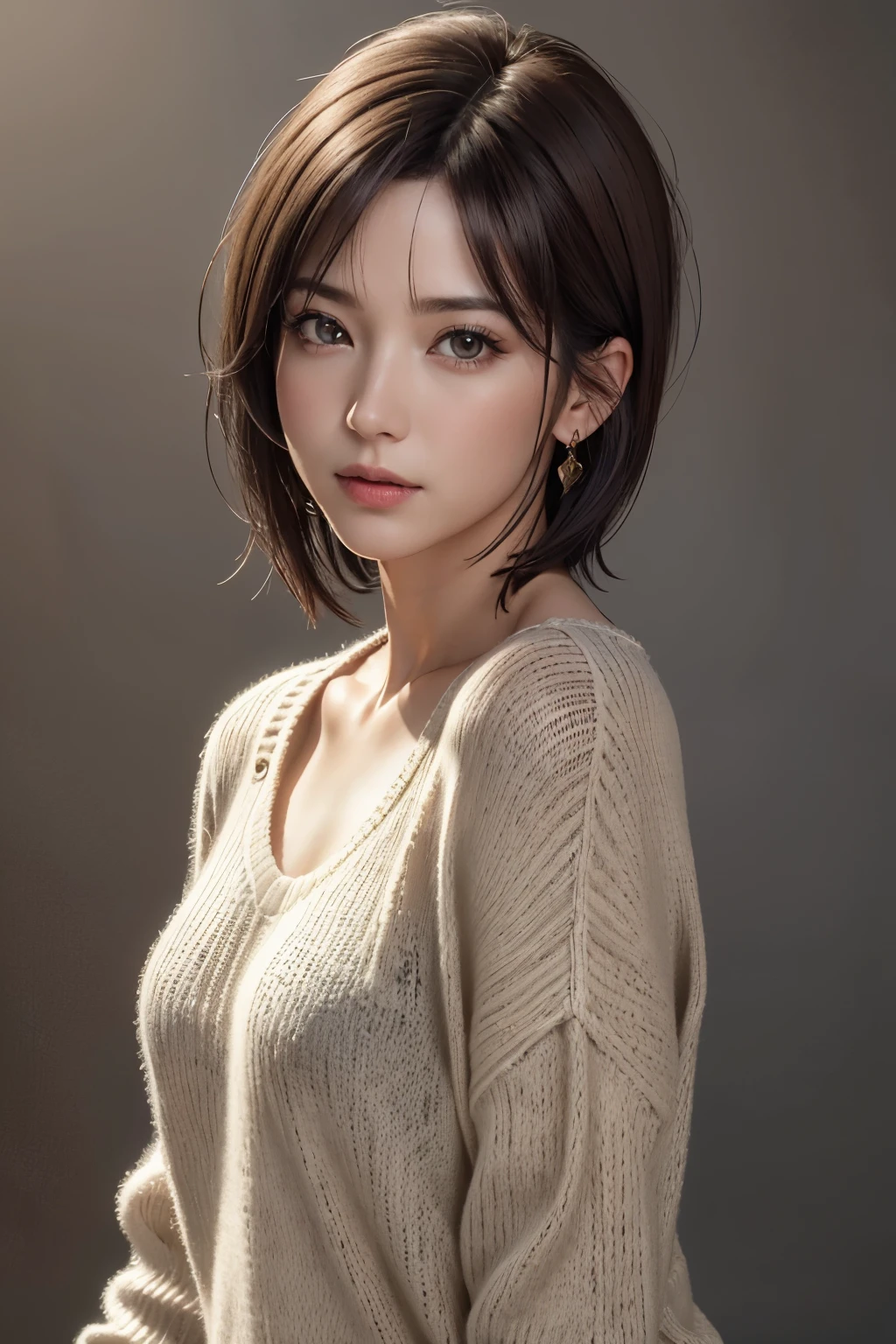 (Representative Works: 1.3), (8k, photorealistic, raw photos, Highest image quality: 1.4), (30 years old mature woman),small face, beautiful face, (realistic face),no makeup、natural makeup、light makeup、 (Dark brown, short hair: 1.3), beautiful hairstyle, realistic eyes, beautiful detailed eyes, (Photorealistic skin), beautiful skin, (sweater),small chest、Bust B Cup、 disorganized, Charm, 超High definition, Super realistic, High definition, golden ratio, FF Tifa、Gray background、