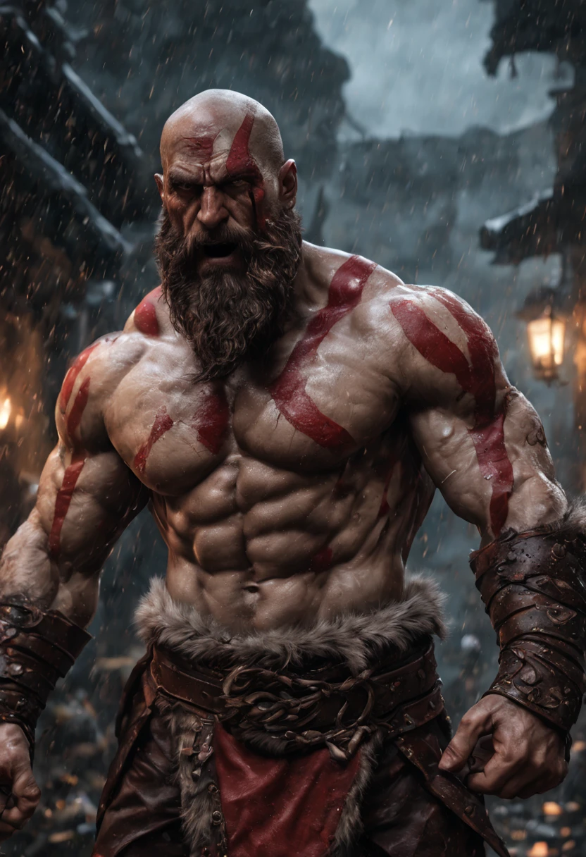 (professional 3d render:1.3) af (Realistic:1.3) most beautiful artwork photo in the world,Features soft and shiny male heroes, ((Epic hero fantasy muscle man KRATOS rough wet hero angry look long hair short beard and ferocious expression in dynamic pose, Fantastic location, Majestic cluttered environment)), full body 8k unity render, action shot, skin pore, very dark lighting, heavyshading, Detailed, Detailed face, (vibrant, photograph realistic, Realistic, Dramatic, Dark, Sharp focus, 8K), (Old leather garments damaged by weathering:1.4), ((((Wear fur)))), (Intricate:1.4), decadent, (Highly detailed:1.4), Digital painting, rendering by octane, art stations, concept-art, smooth, Sharp focus, illustration, Art germ, (loish:0.23), wlop ilya kuvshinov, and greg rutkowski and alphonse mucha gracias, (Global illumination, Studio light, volumettic light), heavy rain, particles floating, lotr, fantasy, elf, full bodyesbian, ((Dark and ancient city background:1.3)),CGSesociety,art stations, Fighting giant muscular T-Rex Theriantrophy ready to fight it. (BACK ANGLE), ray tracing, Bokeh