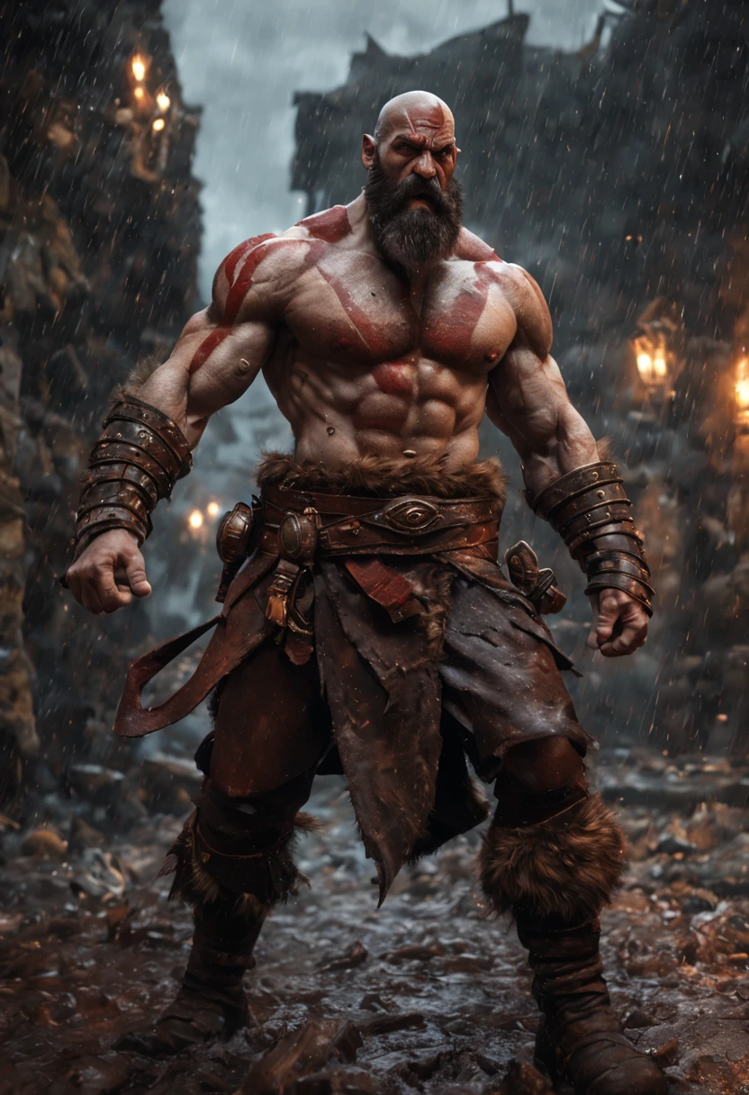 (professional 3d render:1.3) af (Realistic:1.3) most beautiful artwork photo in the world，Features soft and shiny male heroes, ((Epic hero fantasy muscle man KRATOS rough wet hero angry look long hair short beard and ferocious expression in dynamic pose, Fantastic location, Majestic cluttered environment)), full body 8k unity render, action shot, skin pore, very dark lighting, heavyshading, Detailed, Detailed face, (vibrant, photograph realistic, Realistic, Dramatic, Dark, Sharp focus, 8K), (Old leather garments damaged by weathering:1.4), ((((Wear fur)))), (Intricate:1.4), decadent, (Highly detailed:1.4), Digital painting, rendering by octane, art stations, concept-art, smooth, Sharp focus, illustration, Art germ, (loish:0.23), wlop ilya kuvshinov, and greg rutkowski and alphonse mucha gracias, (Global illumination, Studio light, volumettic light), heavy rain, particles floating, lotr, fantasy, elf, full bodyesbian, ((Dark and ancient city background:1.3)),CGSesociety,art stations, Fighting giant muscular T-Rex Theriantrophy ready to fight it. (BACK ANGLE), ray tracing, Bokeh