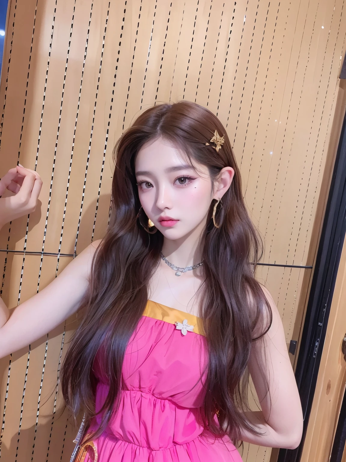 Hay una mujer con un vestido negro de bruja posando para una foto, jaeyeon nam, con cabello largo, y sombrero de bruja con estrellas, wang yiren everglow  , jossi de blackpink, tzuyu de dos veces, long brown hair, portrait of jossi de blackpink, coral brown hair, cai xukun, ulzzang, long brown hair weaving elf, maquillaje popular de corea del sur, peinado de dos colas