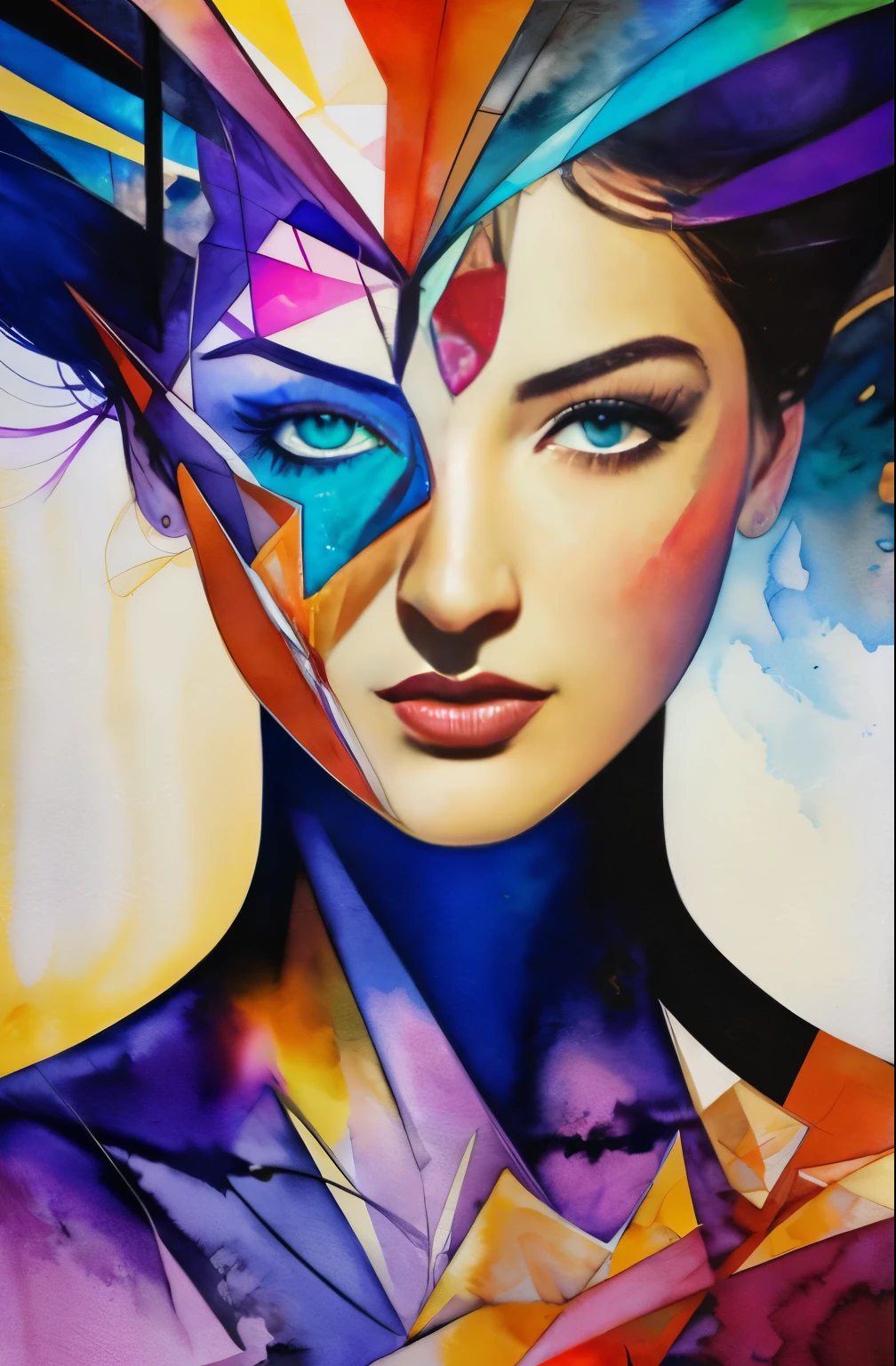 painting of woman, tumbler, figurative art, Intense watercolor painting, watercolor detailed art, Watercolor Splash, surreal, Avant-garde pop art, Beautiful and expressive paintings, Beautiful artwork illustration, very colorful tones, wonderful, cool beauty, highest quality,official art, women only, sharp outline, best shot, vector art, Written by Sandra Chevrier, Dave McKean、by Richard Avedon、Written by Makiezi Kusiala, luminous design