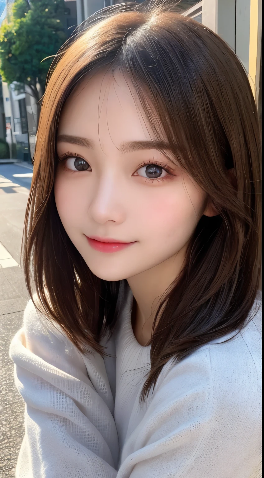 table top, highest quality, shape, Super detailed, finely, High resolution, 8k wallpaper, 完璧なダイナミックな構shape, beautiful and detailed eyes, Latest trend fashion Tokyo winter clothes,medium hair, small breasts, natural color lip,smile,20 year old girl、midnight、beautiful and detailed face、perfect and beautiful face、slim face and style,spread your arms wide,Big eyes,Take a photo from below the knees at a face angle、small face、beautiful detailed face、perfect and beautiful double eyelids