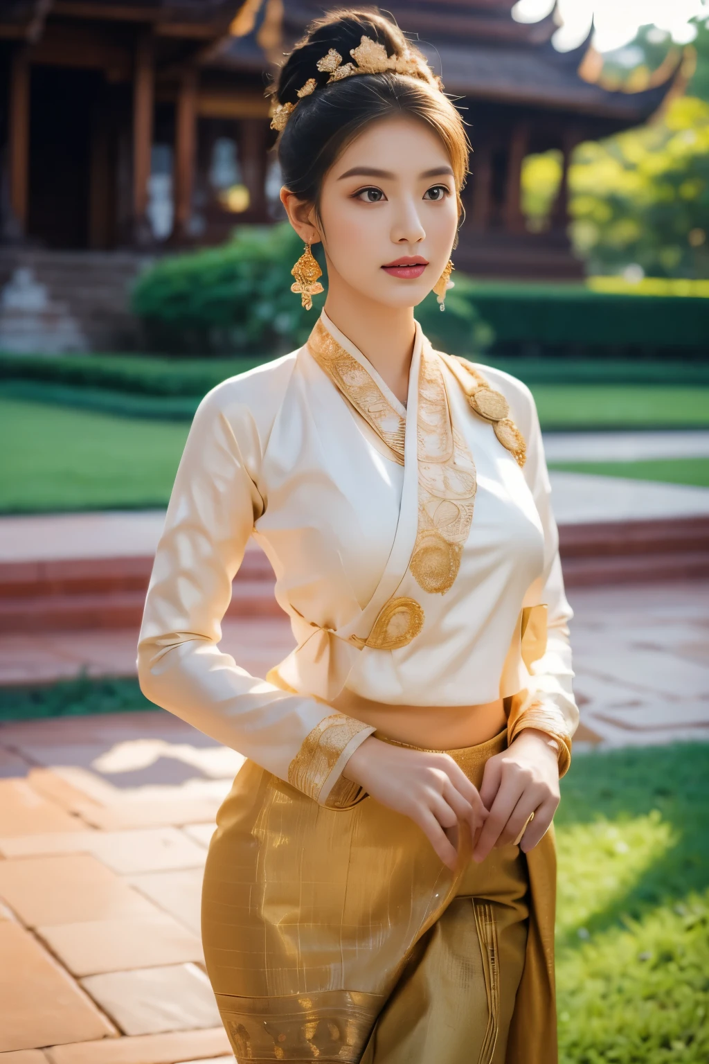 A beautiful young woman of Tai Khun descent, adorned in a meticulously crafted Keng Tong Tai Khun traditional outfit, stands gracefully against the backdrop of the majestic Bagan temples. Her attire shimmers with intricate embroidery and gold accents, each element carefully chosen to reflect the rich cultural heritage of her people.

Details:

Facial features: The woman's face is radiant and youthful, with delicate features and captivating eyes that sparkle with warmth and intelligence. Her hair is styled in a messy bun adorned with fresh flowers and secured with a gold pin, adding a touch of elegance and whimsy.
Traditional outfit: The Keng Tong Tai Khun outfit is a top tank style masterpiece of craftsmanship, featuring vibrant silks, intricate embroidery, and delicate gold embellishments. The long, flowing skirt cascades gracefully around her legs, while the fitted bodice accentuates her slender figure. A traditional headdress adds a regal touch to her ensemble.
Accessories: The woman's beauty is further enhanced by a dazzling array of traditional jewelry. Bangle bracelets encircle her wrists, a statement necklace adorns her neck, and delicate earrings dangle from her ears. Each piece is intricately crafted and adds a touch of luxury to her overall look.
Bagan temples background: The ancient Bagan temples provide a breathtaking backdrop for the portrait. Their weathered brickwork and towering spires add a touch of grandeur and mystery to the scene. The warm hues of the sunrise or sunset bathe the temples in a golden glow, creating a truly magical atmosphere.