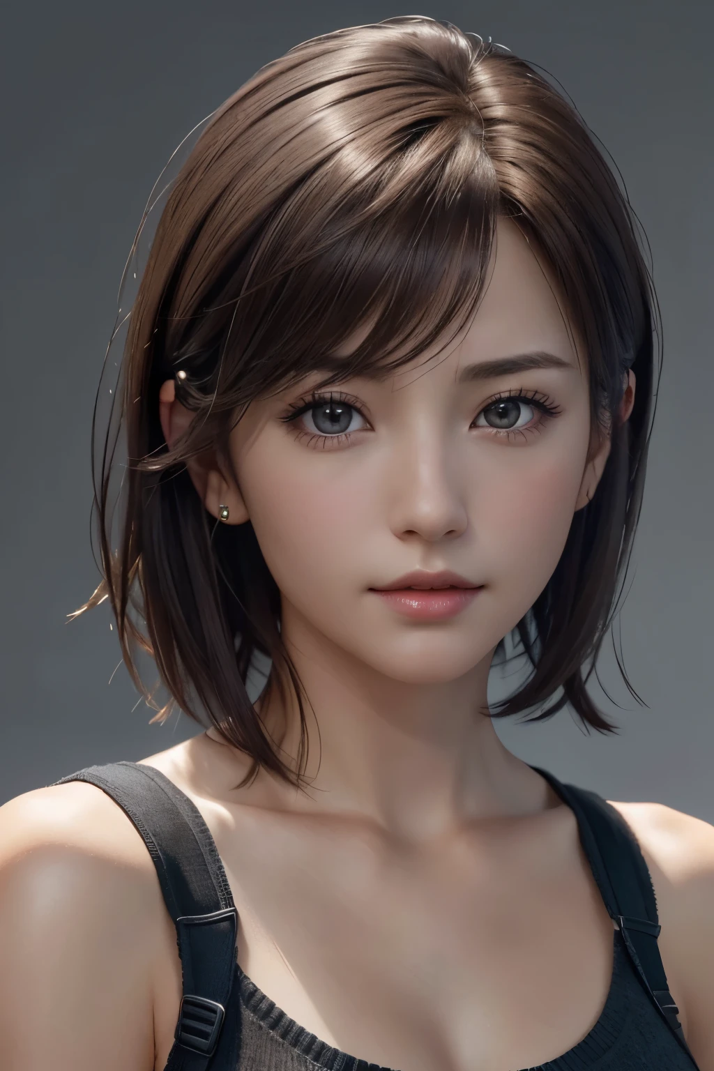 (Representative Works: 1.3), (8k, photorealistic, raw photos, Highest image quality: 1.4), (30 years old mature woman),small face, beautiful face, (realistic face),no makeup、natural makeup、light makeup、 (Dark brown, short hair: 1.3), beautiful hairstyle, realistic eyes, beautiful detailed eyes, (Photorealistic skin), beautiful skin, (sweater),small chest、Bust B Cup、 disorganized, Charm, 超High definition, Super realistic, High definition, golden ratio, FF Tifa、Gray background、