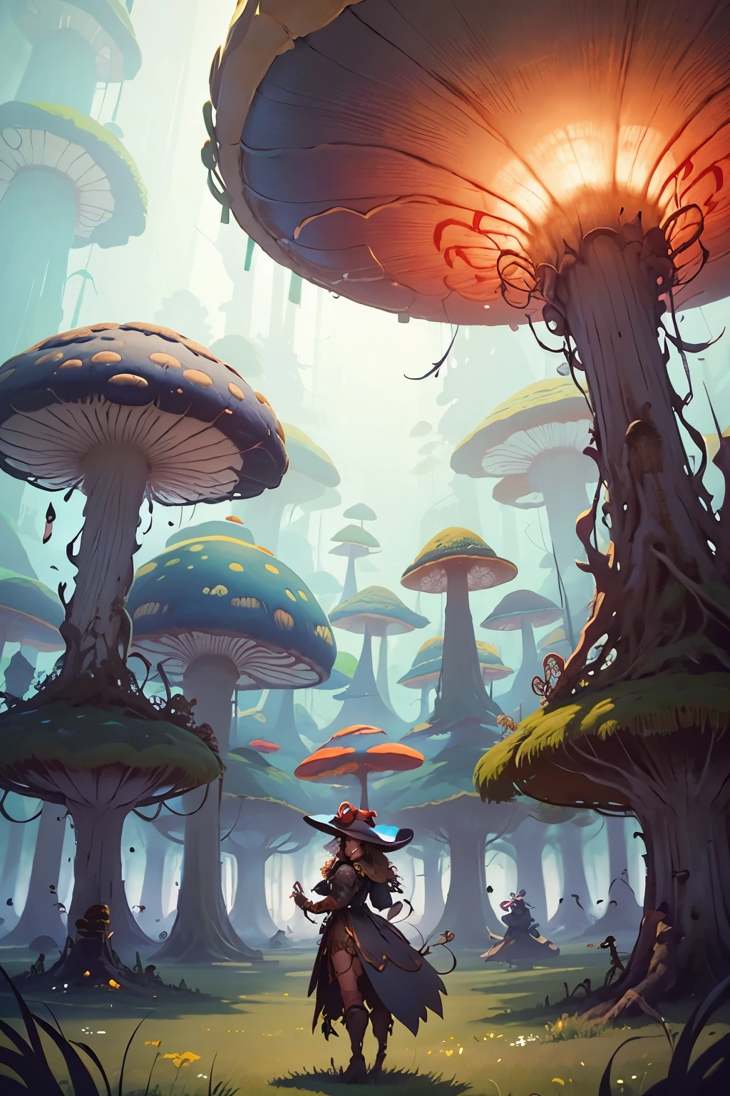  a woman with  hat, standing in a field of giant mushrooms, peter mohrbacher. unreal engine, peter mohrbacher style, mohrbacher, style of peter mohrbacher, wlop and krenz cushart, in style of peter mohrbacher, in the art style of mohrbacher, peter mohrbacher artstyle