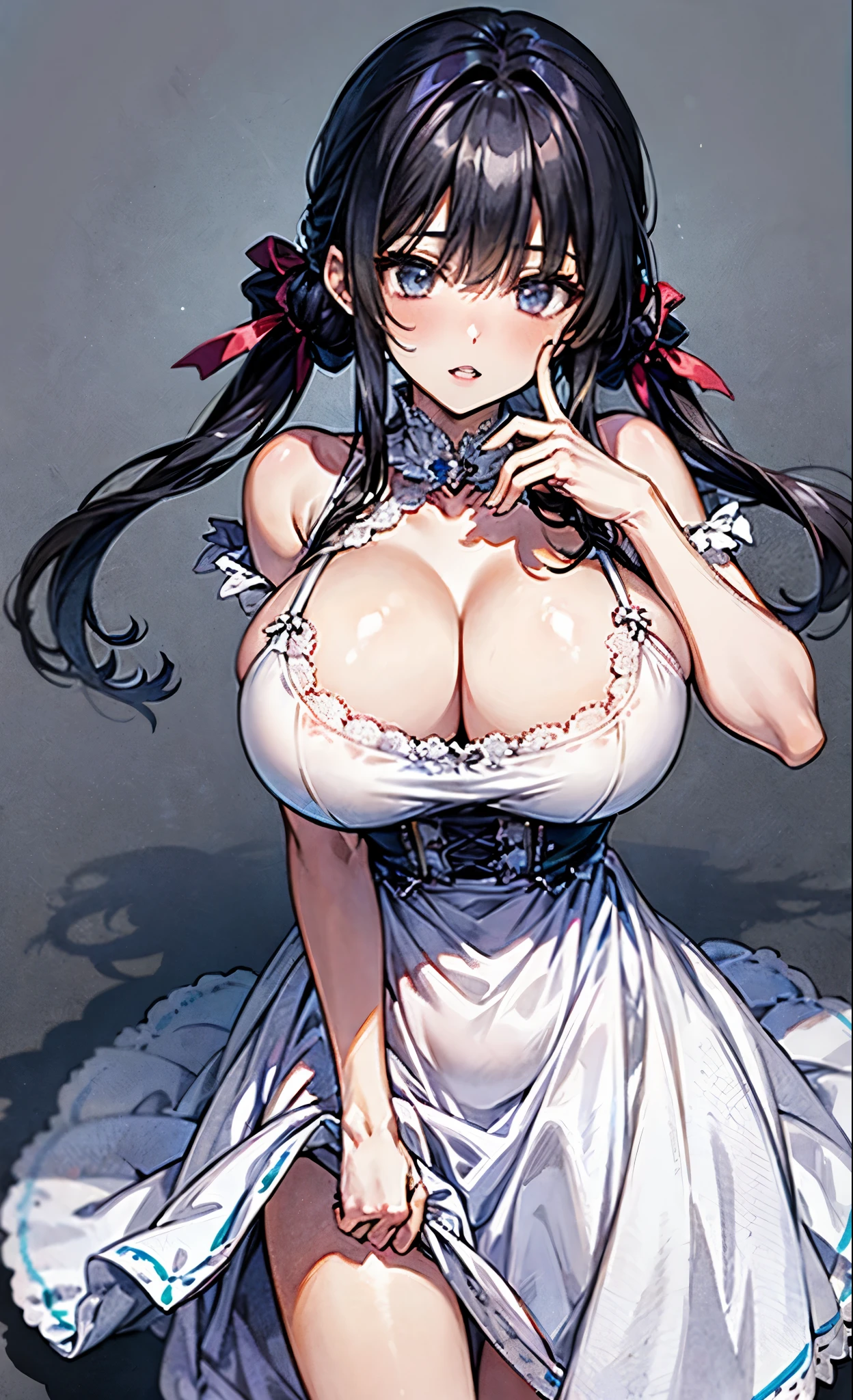 Beautiful young girl, big breasts, long fluffy black hair, low twin tails, white chiffon dress, fluffy dress, finger to lips, bending forward, top shot,Clear line drawing, transparent watercolor, clear shading, high quality, amount of drawing, pixiv illustration