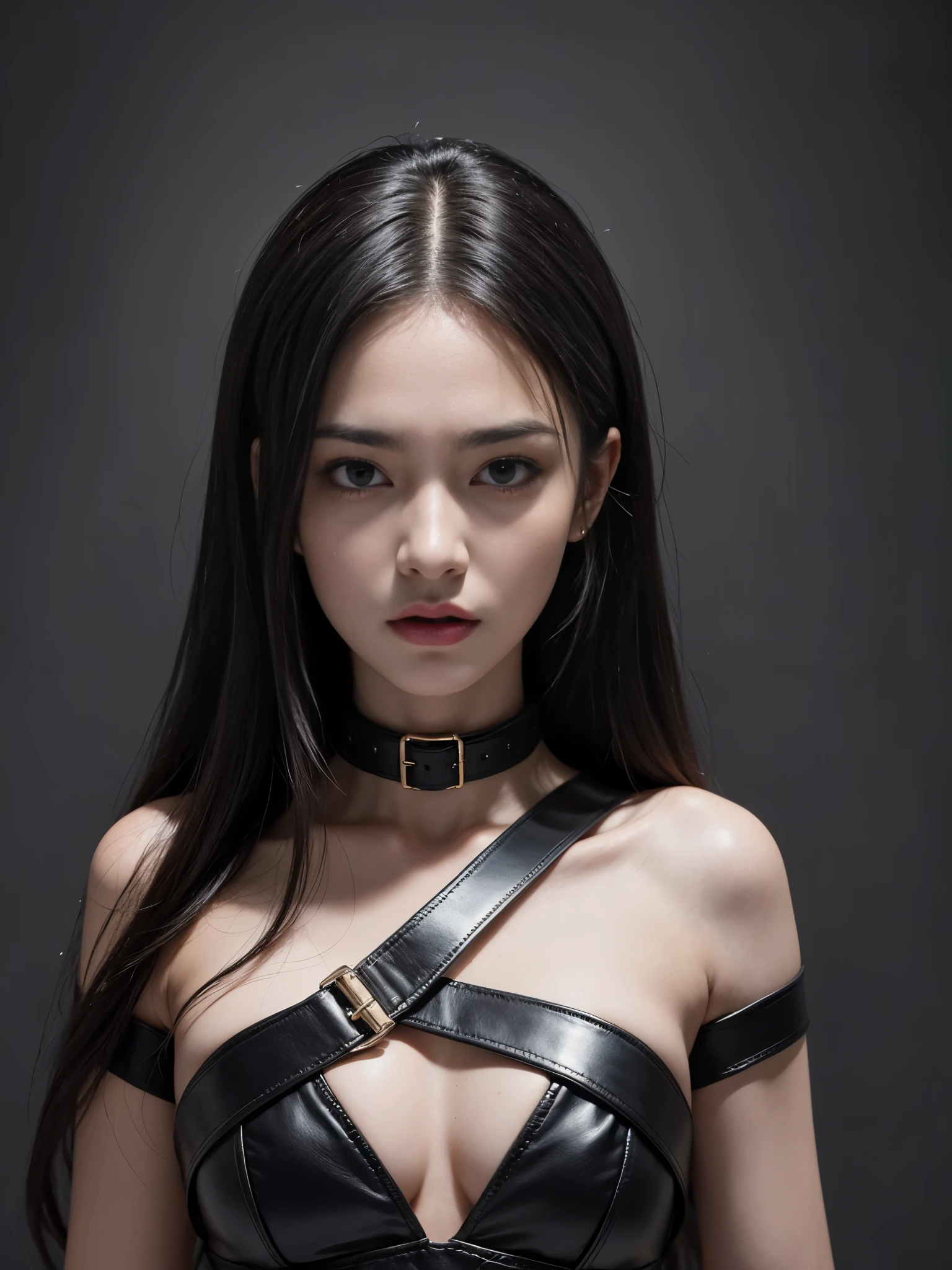 angry face, BDSM,slave,rubber,black corset,bondage,collar,NSFW,((highest quality, 8K, masterpiece:1.3))), sharp focus: 1.2、(layer cut, big:1.2),beautiful woman with perfect figure: 1.4、thin abs:1.2、wet body:1.5、Highly detailed face and skin texture、fine eyes、double eyelid,long hair