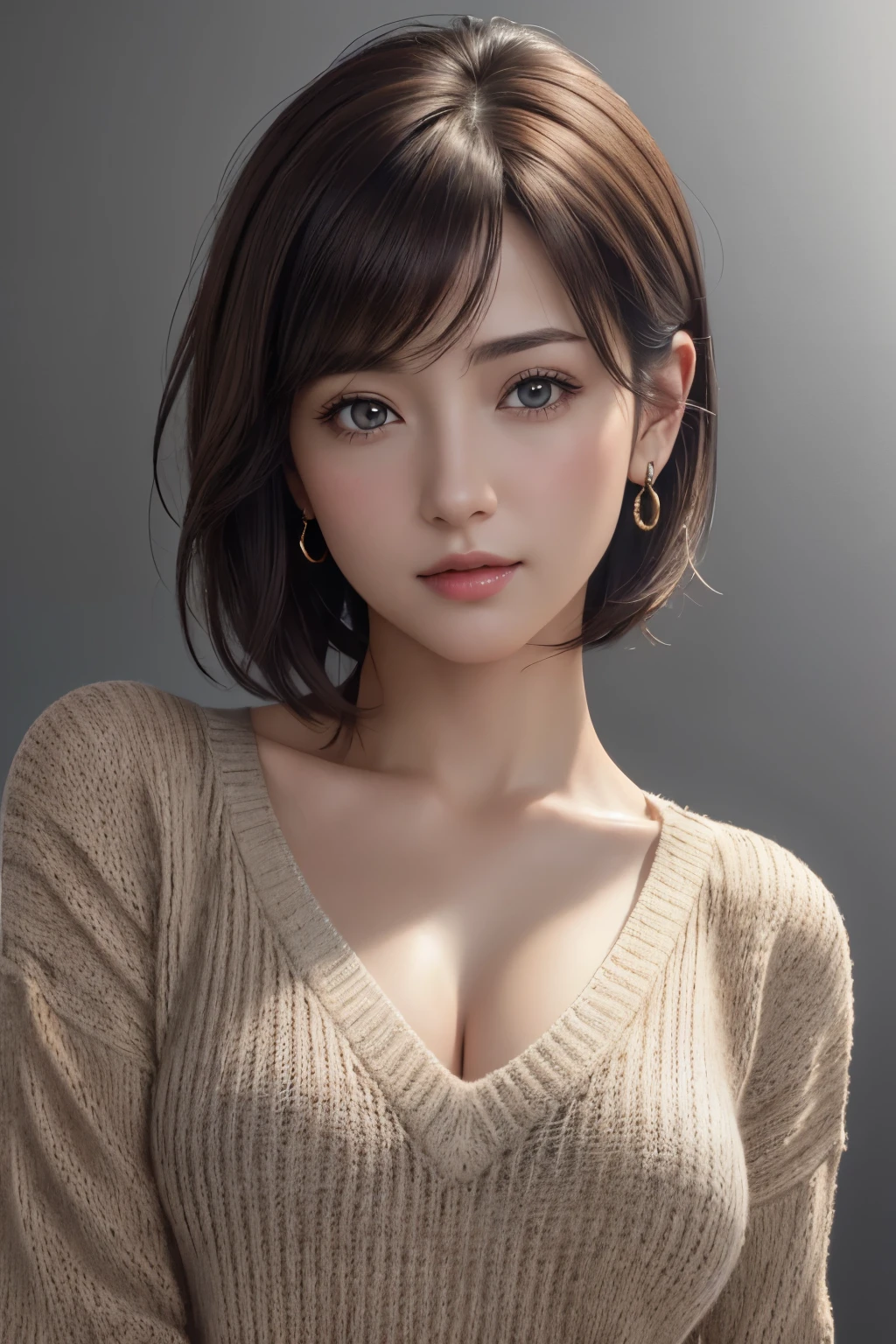 (Representative Works: 1.3), (8k, photorealistic, raw photos, Highest image quality: 1.4), (30 years old mature woman),small face, beautiful face, (realistic face),no makeup、natural makeup、light makeup、 (Dark brown, short hair: 1.3), beautiful hairstyle, realistic eyes, beautiful detailed eyes, (Photorealistic skin), beautiful skin, (sweater),small chest、Bust B Cup、 disorganized, Charm, 超High definition, Super realistic, High definition, golden ratio, FF Tifa、Gray background、