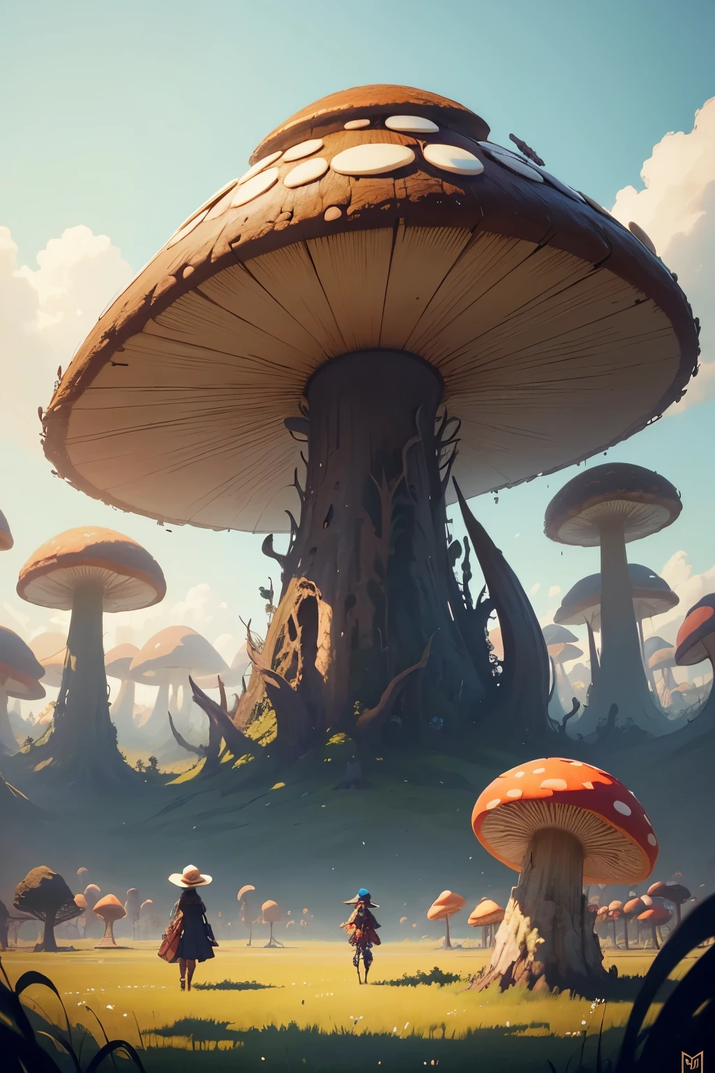  a woman with  hat, standing in a field of giant mushrooms, peter mohrbacher. unreal engine, peter mohrbacher style, mohrbacher, style of peter mohrbacher, wlop and krenz cushart, in style of peter mohrbacher, in the art style of mohrbacher, peter mohrbacher artstyle