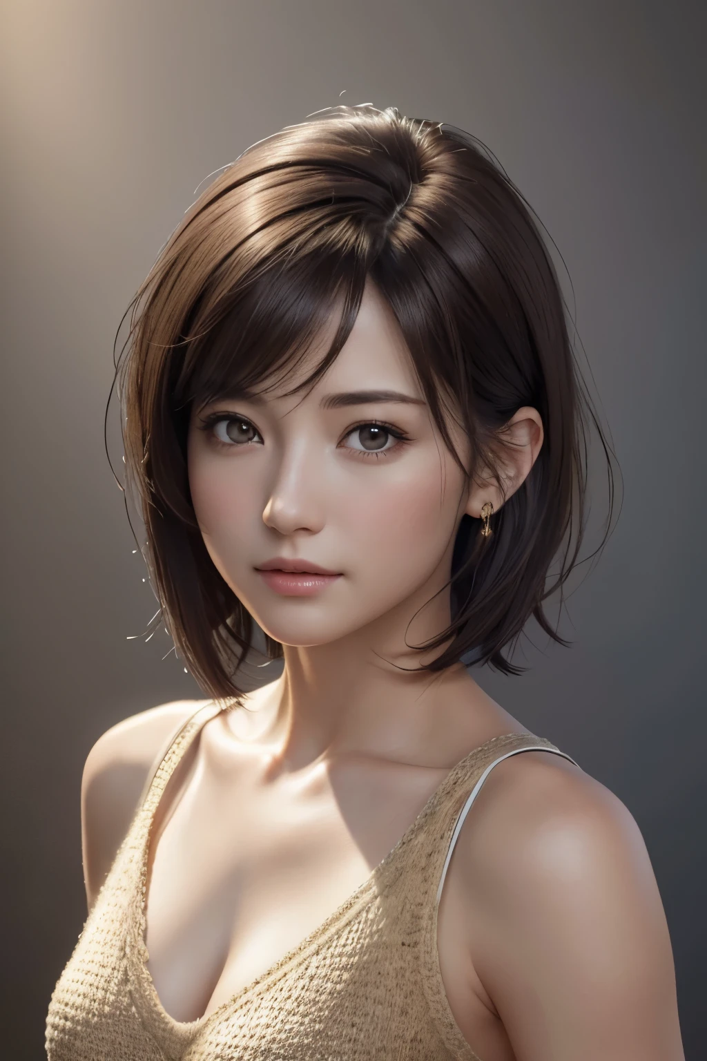 (Representative Works: 1.3), (8k, photorealistic, raw photos, Highest image quality: 1.4), (30 years old mature woman),small face, beautiful face, (realistic face),no makeup、natural makeup、light makeup、 (Dark brown, short hair: 1.3), beautiful hairstyle, realistic eyes, beautiful detailed eyes, (Photorealistic skin), beautiful skin, (sweater),small chest、Bust B Cup、 disorganized, Charm, 超High definition, Super realistic, High definition, golden ratio, FF Tifa、Gray background、