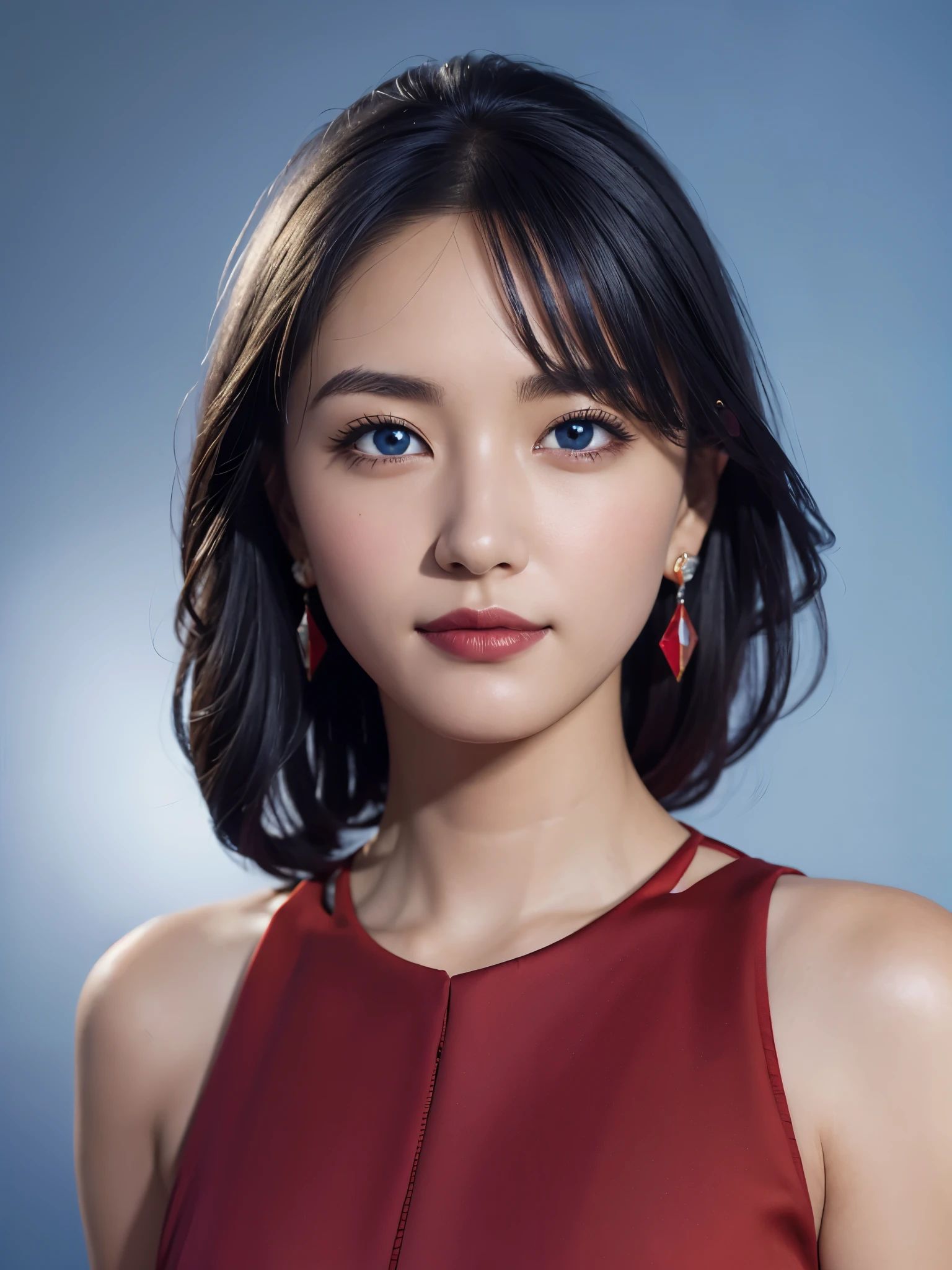 (close:1.2), masterpiece, highest quality, 8K, disorganized, beautiful girl, cute face, looking at the viewer, smile, (Dark red dress:1.6), ruby earrings, ruby necklace, , cute, (smokey red eye shadow with glitter, glazed pinkish red lips:0.8), surreal, High resolution, photograph, film grain, chromatic aberration, sharp focus, HDR, face light, dynamic lighting, cinematic lighting, professional shadow, background, (dull blue background:1.4), most detailed, very detailed, Super detailed, finely, real skin, delicate features, detailed face and eyes, sharp pupils, realistic student