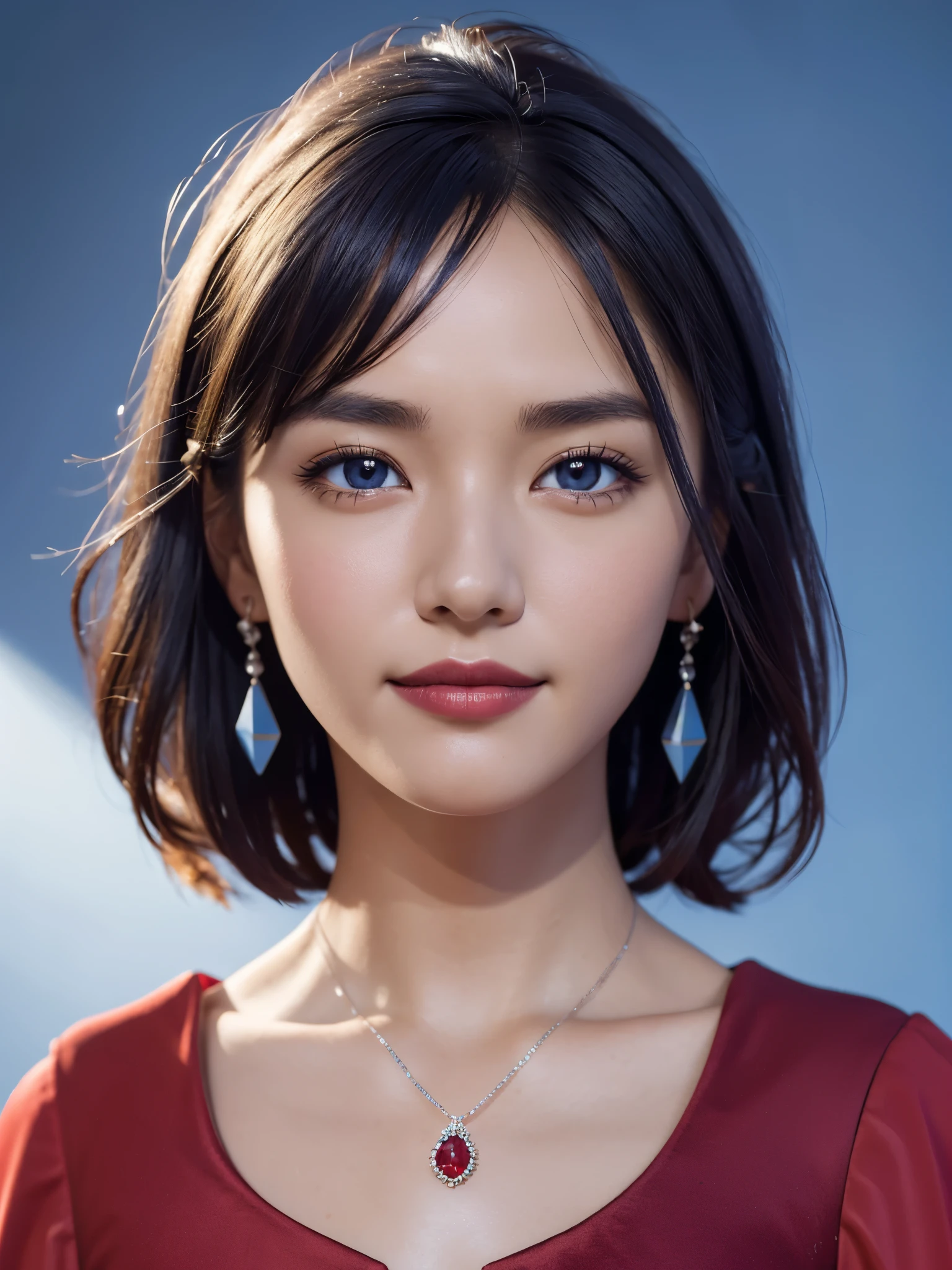 (close:1.2), masterpiece, highest quality, 8K, disorganized, beautiful girl, cute face, looking at the viewer, smile, (Dark red dress:1.6), ruby earrings, ruby necklace, , cute, (smokey red eye shadow with glitter, glazed pinkish red lips:0.8), surreal, High resolution, photograph, film grain, chromatic aberration, sharp focus, HDR, face light, dynamic lighting, cinematic lighting, professional shadow, background, (dull blue background:1.4), most detailed, very detailed, Super detailed, finely, real skin, delicate features, detailed face and eyes, sharp pupils, realistic student