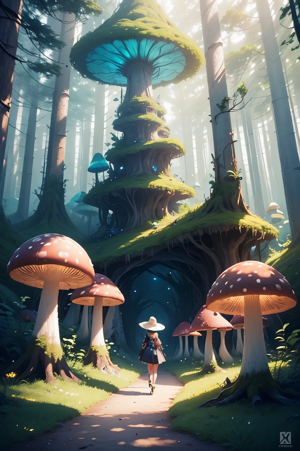 there is a woman in a hat and dress walking through a forest of glowing mushrooms, concept art inspired by rossdraws, Artstation contest winner, fantasy art, fantasy art style, 2. 5 d cgi anime fantasy artwork, digital 2d fantasy art, fantasy style art, epic fantasy art style, detailed digital 2d fantasy art, epic fantasy art style hd, anime fantasy illustration