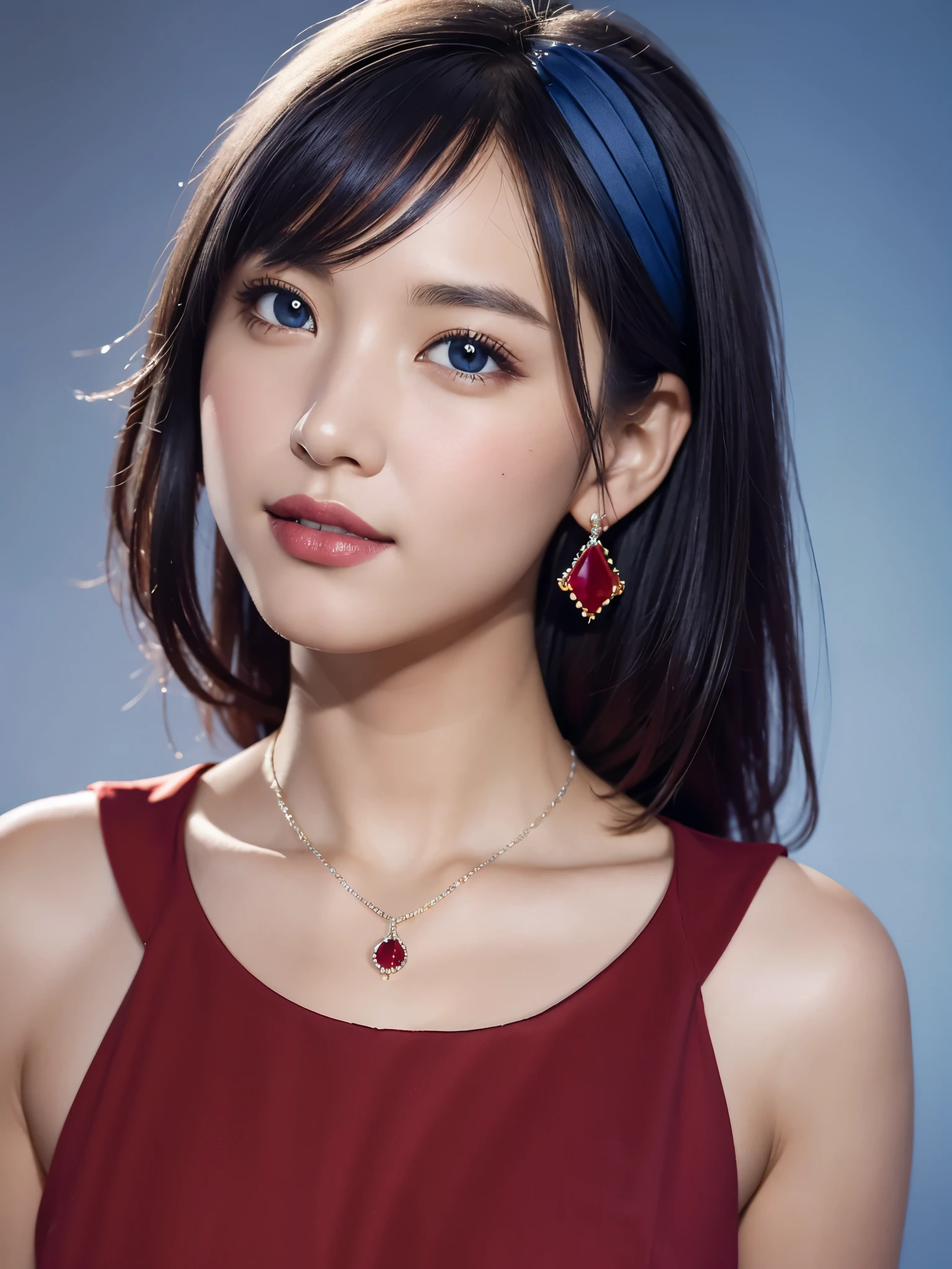 (close:1.2), masterpiece, highest quality, 8K, disorganized, beautiful girl, cute face, looking at the viewer, smile, (Dark red dress:1.6), ruby earrings, ruby necklace, , cute, (smokey red eye shadow with glitter, glazed pinkish red lips:0.8), surreal, High resolution, photograph, film grain, chromatic aberration, sharp focus, HDR, face light, dynamic lighting, cinematic lighting, professional shadow,  background, (dull blue background:1.4), most detailed, very detailed, Super detailed, finely, real skin, delicate features, detailed face and eyes, sharp pupils, realistic student