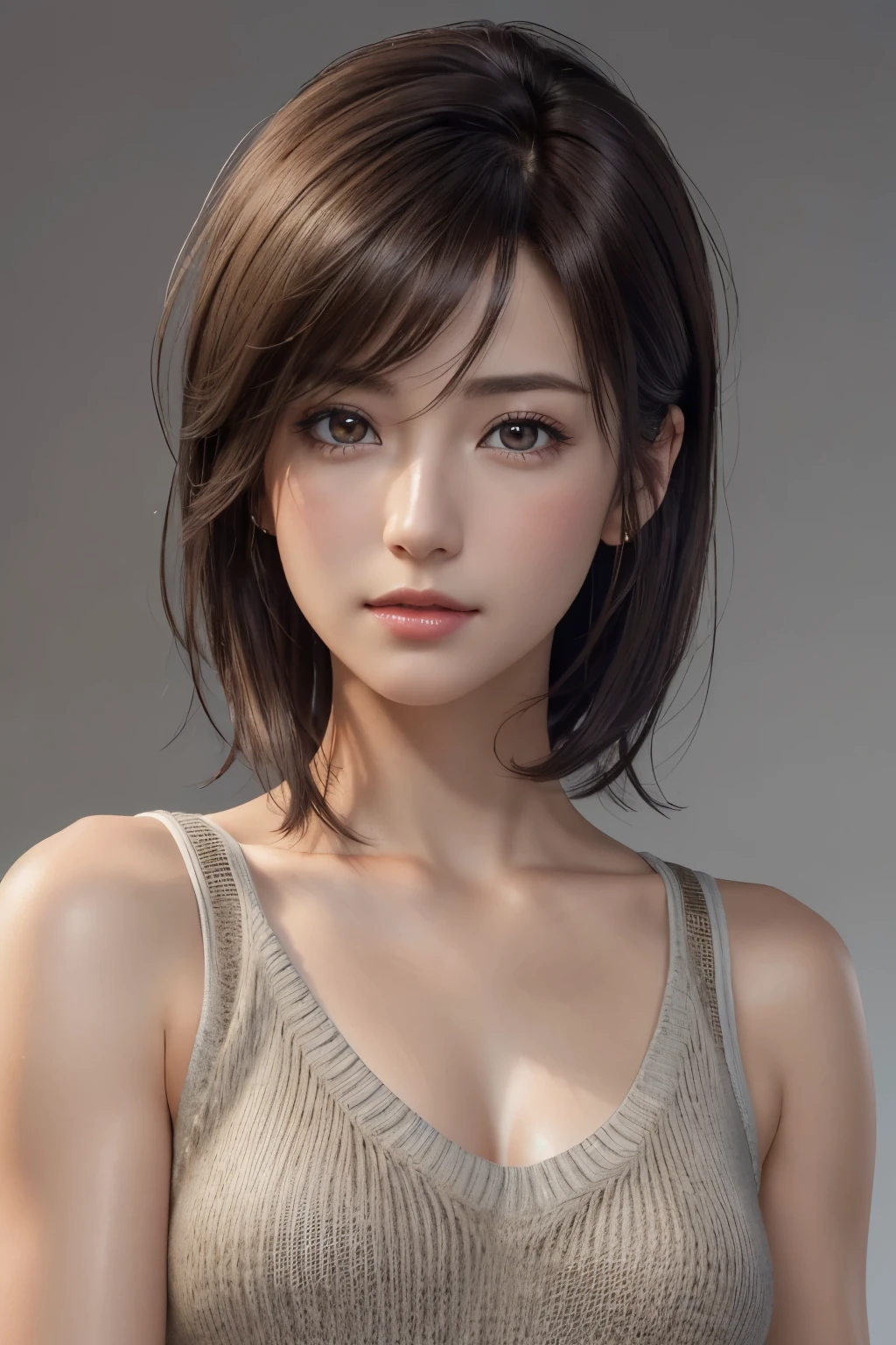 (Representative Works: 1.3), (8k, photorealistic, raw photos, Highest image quality: 1.4), (30 years old mature woman),small face, beautiful face, (realistic face),no makeup、natural makeup、light makeup、 (Dark brown, short hair: 1.3), beautiful hairstyle, realistic eyes, beautiful detailed eyes, (Photorealistic skin), beautiful skin, (sweater),small chest、Bust B Cup、 disorganized, Charm, 超High definition, Super realistic, High definition, golden ratio, FF Tifa、Gray background、