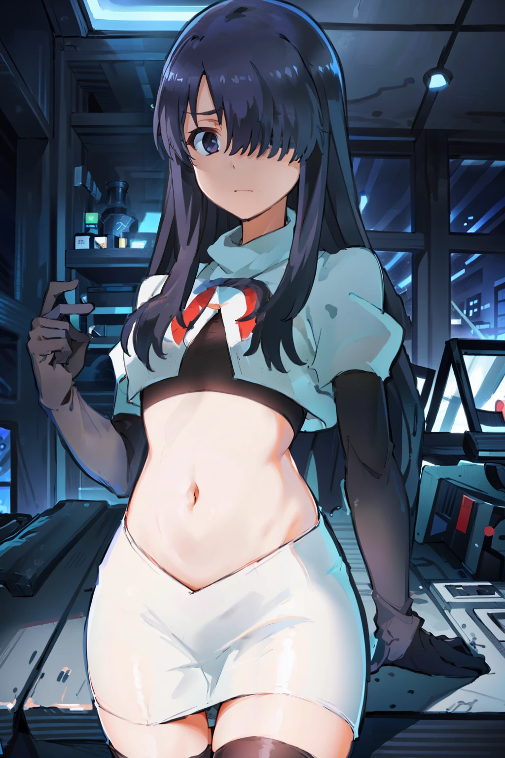 (((pixel-perfect, detail-perfect))), solo, 1girl, ayase ayatsuji, hair over one eye,looking at viewer, team rocket,team rocket uniform, red letter R, white skirt,white crop top,black thigh-highs,black elbow gloves,