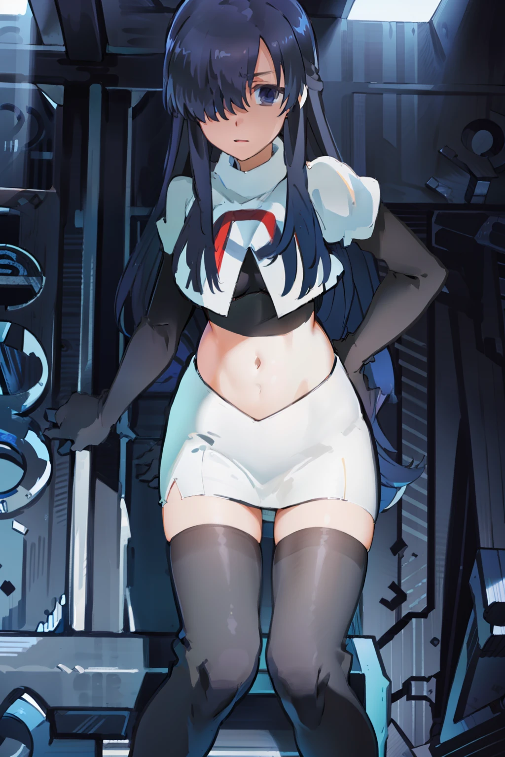 (((pixel-perfect, detail-perfect))), solo, 1girl, ayase ayatsuji, hair over one eye,looking at viewer, team rocket,team rocket uniform, red letter R, white skirt,white crop top,black thigh-highs,black elbow gloves,