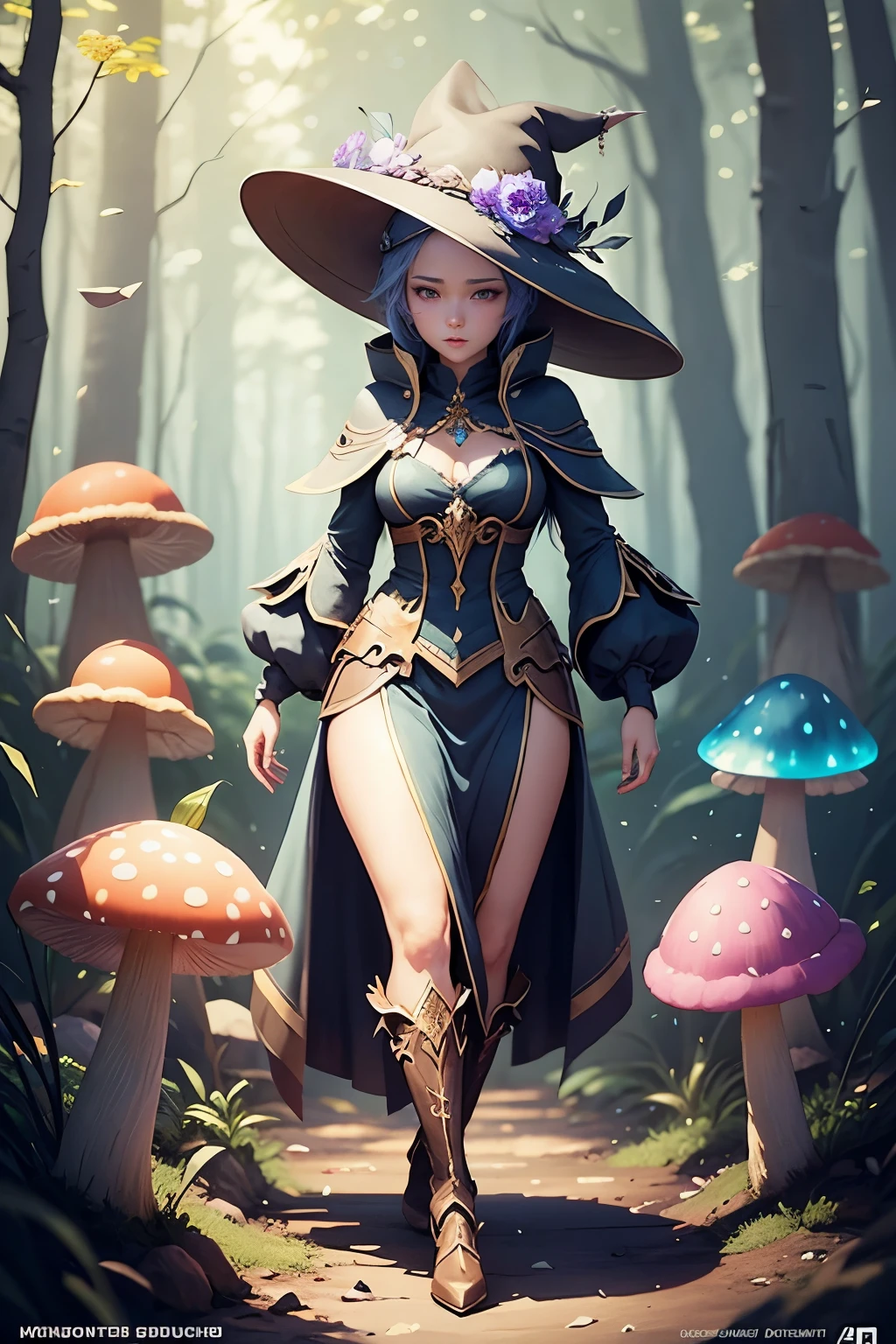 there is a woman in a hat and dress walking through a forest of glowing mushrooms, concept art inspired by rossdraws, Artstation contest winner, fantasy art, fantasy art style, 2. 5 d cgi anime fantasy artwork, digital 2d fantasy art, fantasy style art, epic fantasy art style, detailed digital 2d fantasy art, epic fantasy art style hd, anime fantasy illustration