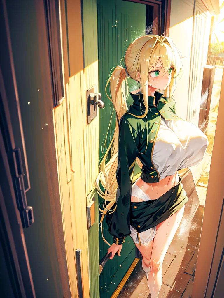 , flat chest, full body, sun rays, dust particles, blonde hair, green eyes, low ponytail, parted bangs, (sweaty skin:1.2), corridor, elegant clothes, absurd detail, huge ass, wide hips, long hair, puffy nipples