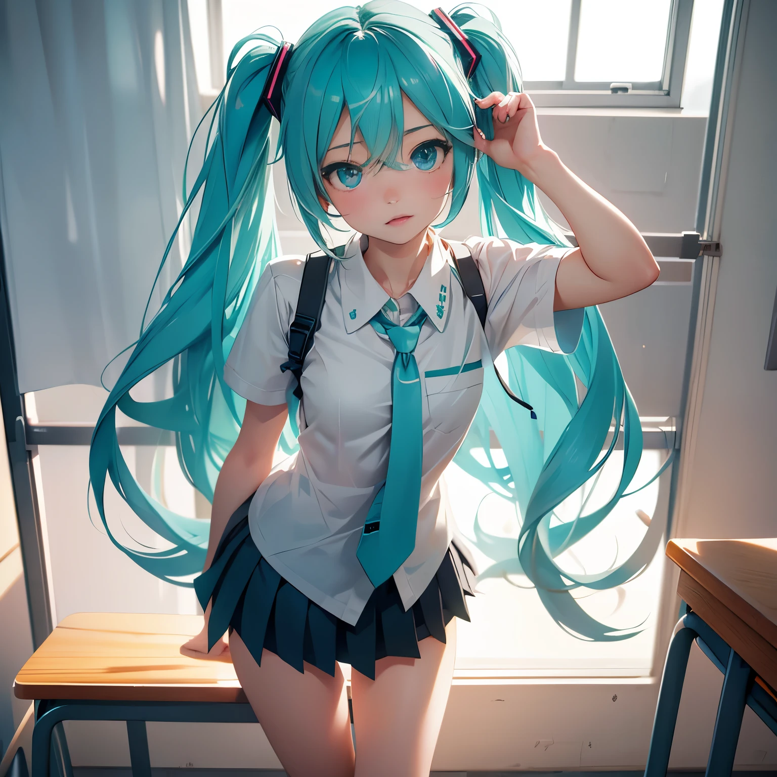 highest quality, expressive eyes, perfect face, 1 girl、Hatsune Miku、school uniform、short skirt、Alone in a classroom at school、evening