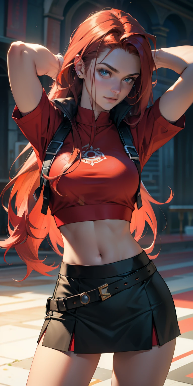 Photo, Best quality, high resolution 8k,most beautiful ,17 yearsskin, ultra detailed, European, long hair, very red hair,hair combed back,perfect body, toned,exuberant exotic, erotic, , big breastrow waist,ks, slim thighs, thigh gap, veretailed,mini skirt, crop top, Jessie pokemon,