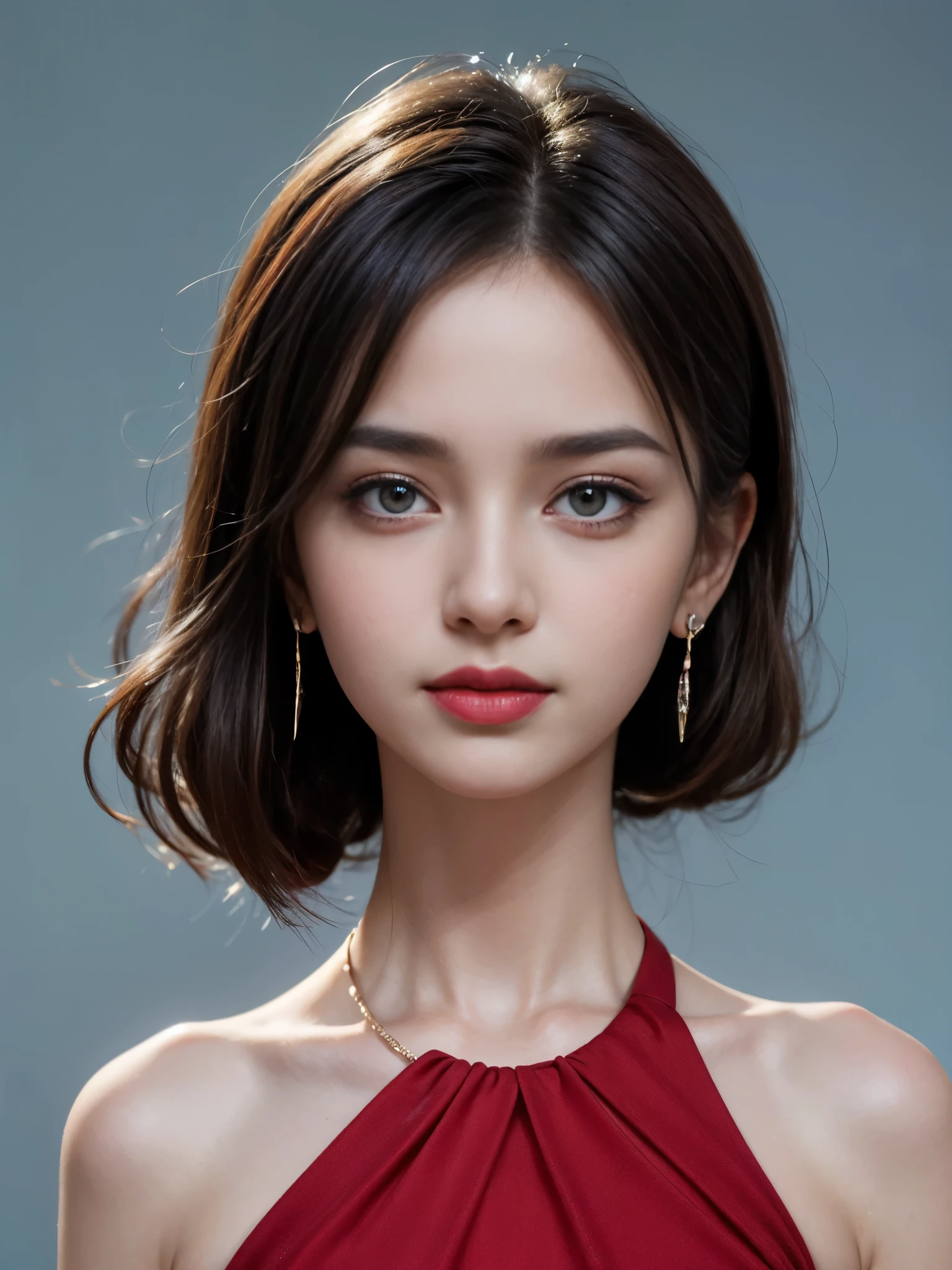 (close:1.2), masterpiece, highest quality, 8K, disorganized, beautiful girl, cute face, looking at the viewer, smile, (Dark red dress:1.6), ruby earrings, ruby necklace, , cute, (smokey red eye shadow with glitter, glazed pinkish red lips:0.8), surreal, High resolution, photograph, film grain, chromatic aberration, sharp focus, HDR, face light, dynamic lighting, cinematic lighting, professional shadow, background, (dull blue background:1.4), most detailed, very detailed, Super detailed, finely, real skin, delicate features, detailed face and eyes, sharp pupils, realistic student